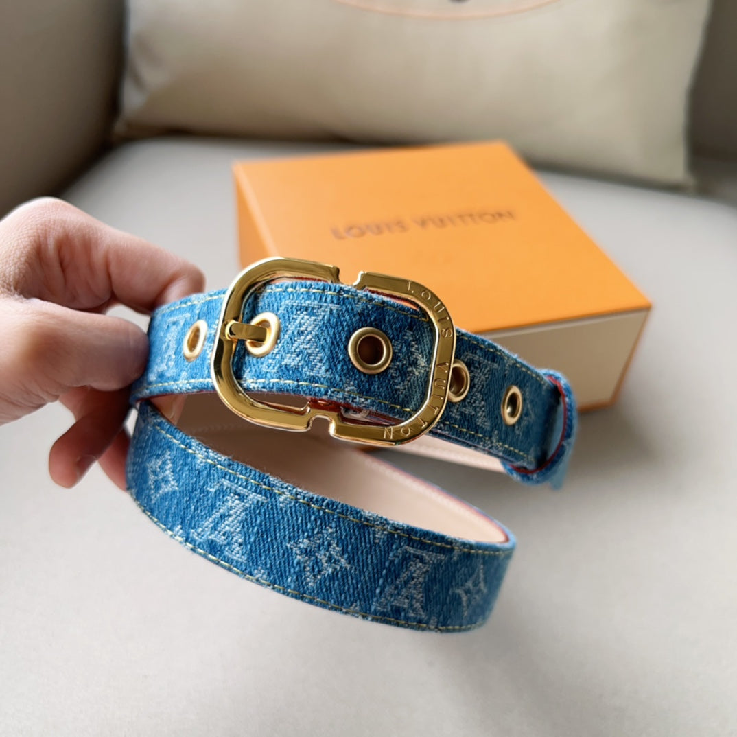 LV  30MM BELT LIGHT BLUE MONOGRAM DENIM GOLD HARDWARE