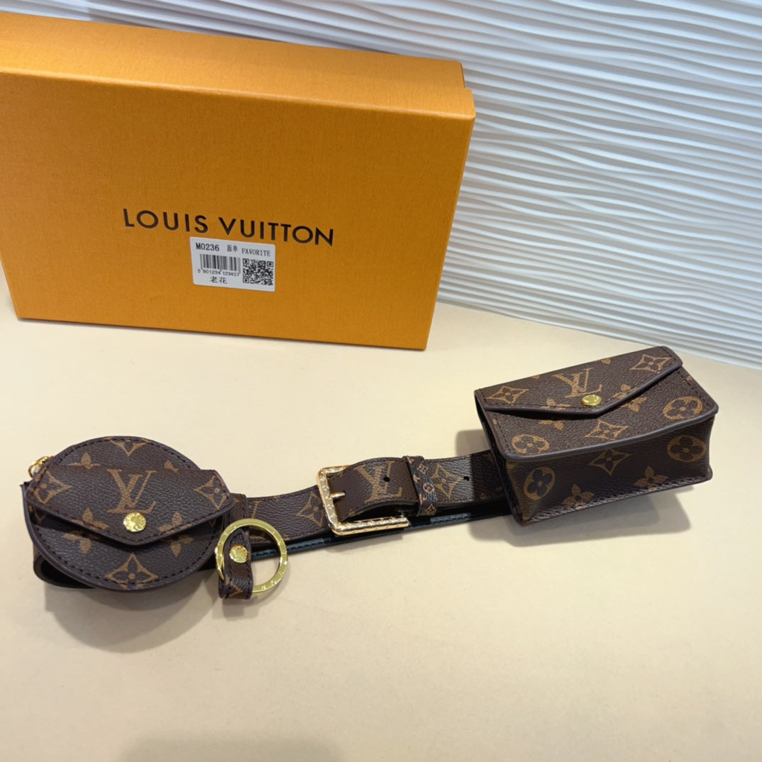 LV MULTI POCKET 30MM BELT IN DARK BROWN MONOGRAM CALFSKIN GOLD HARDWARE