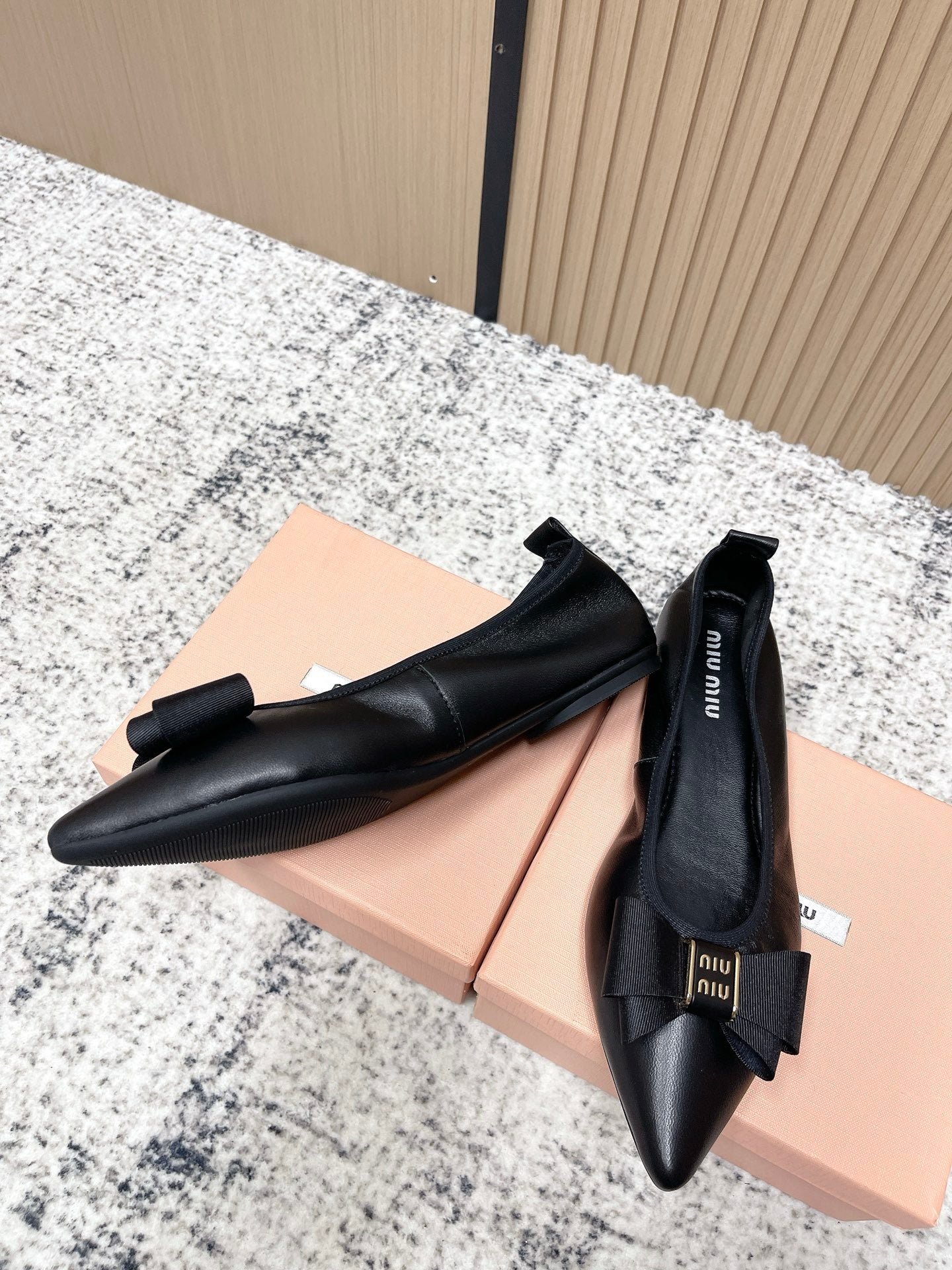 Miu Pointed-Toe Ballet Flats Black Sheepskin 591561