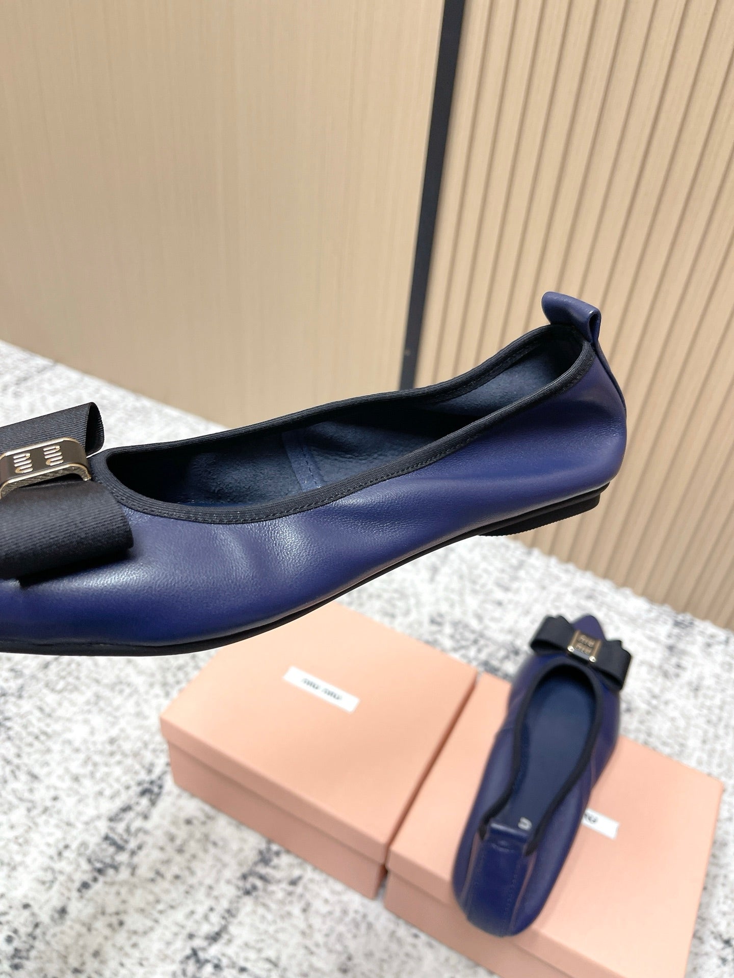 Miu Pointed-Toe Ballet Flats Navy Blue Sheepskin 591563