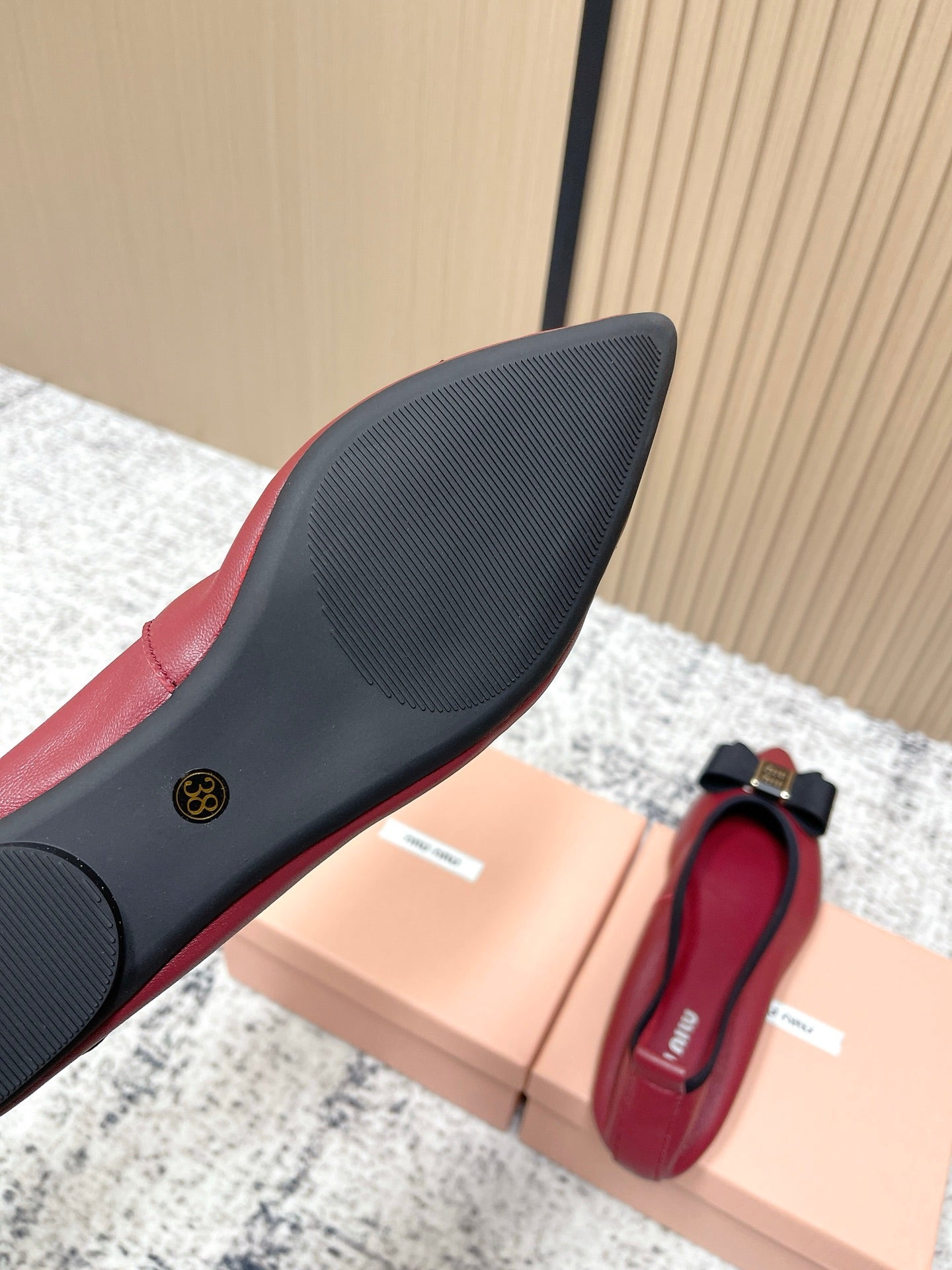 Miu Pointed-Toe Ballet Flats Dark Red Sheepskin 591564