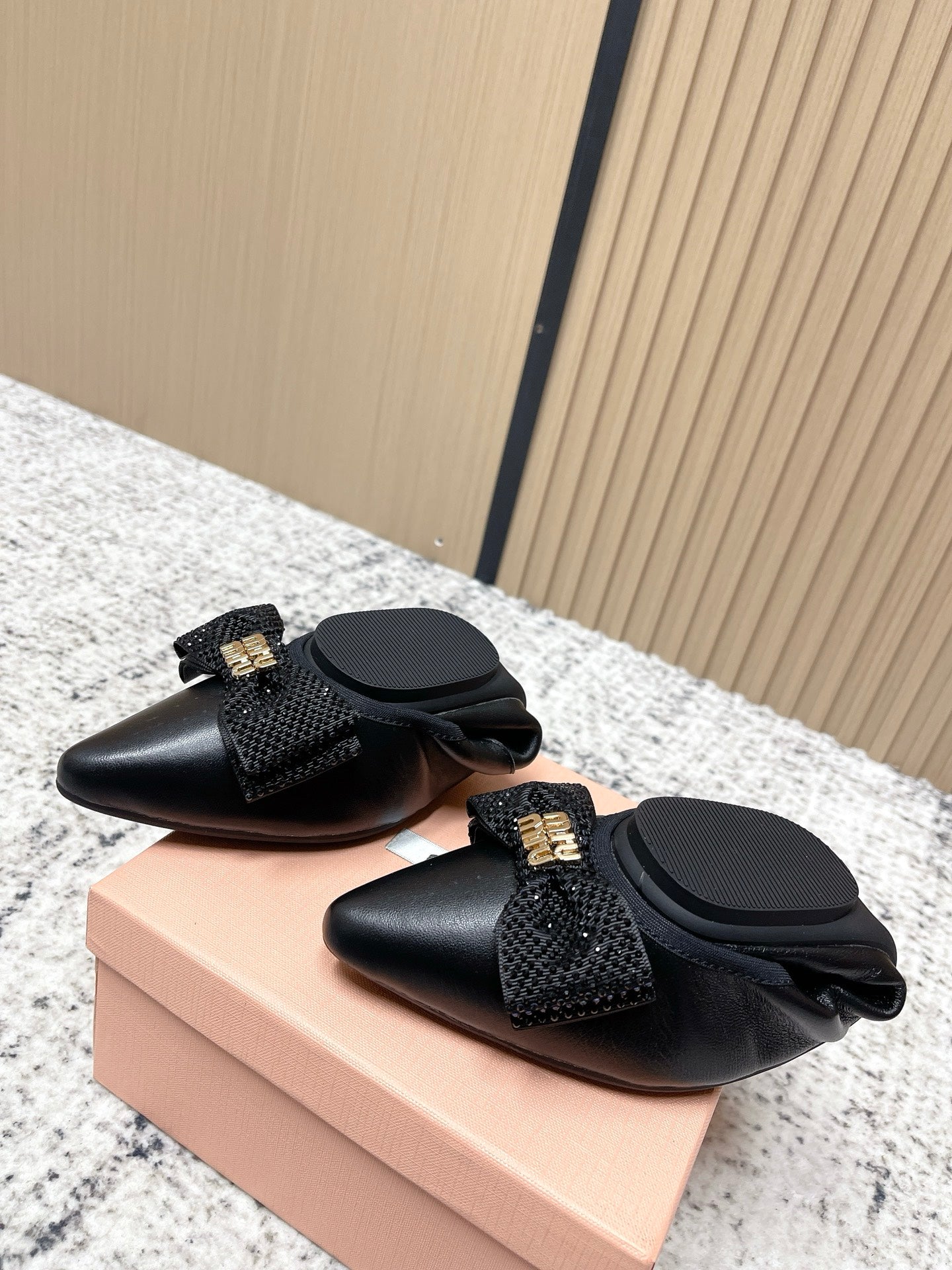 Miu Pointed-Toe Ballet Flats Black Sheepskin 591567