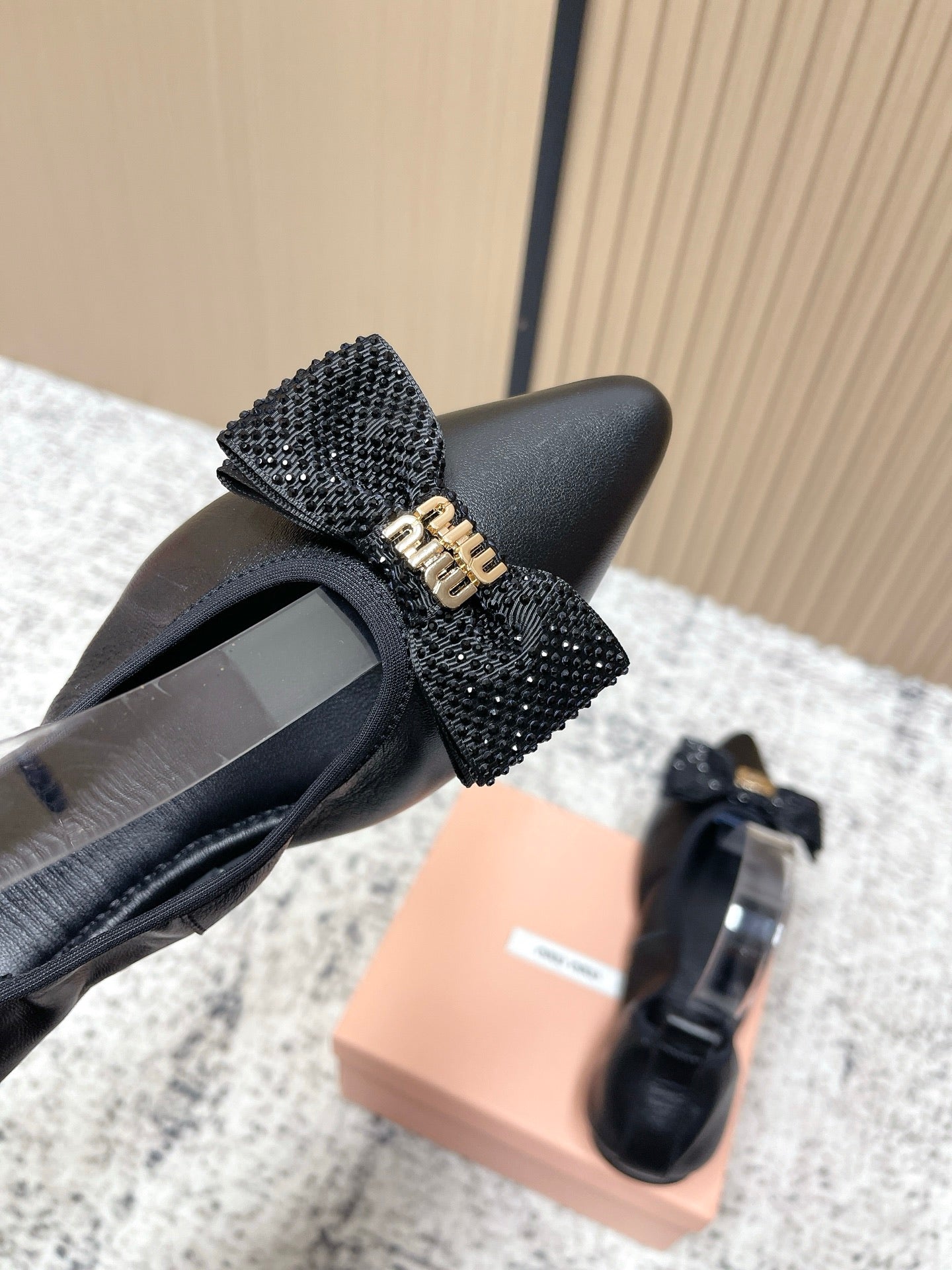 Miu Pointed-Toe Ballet Flats Black Sheepskin 591567