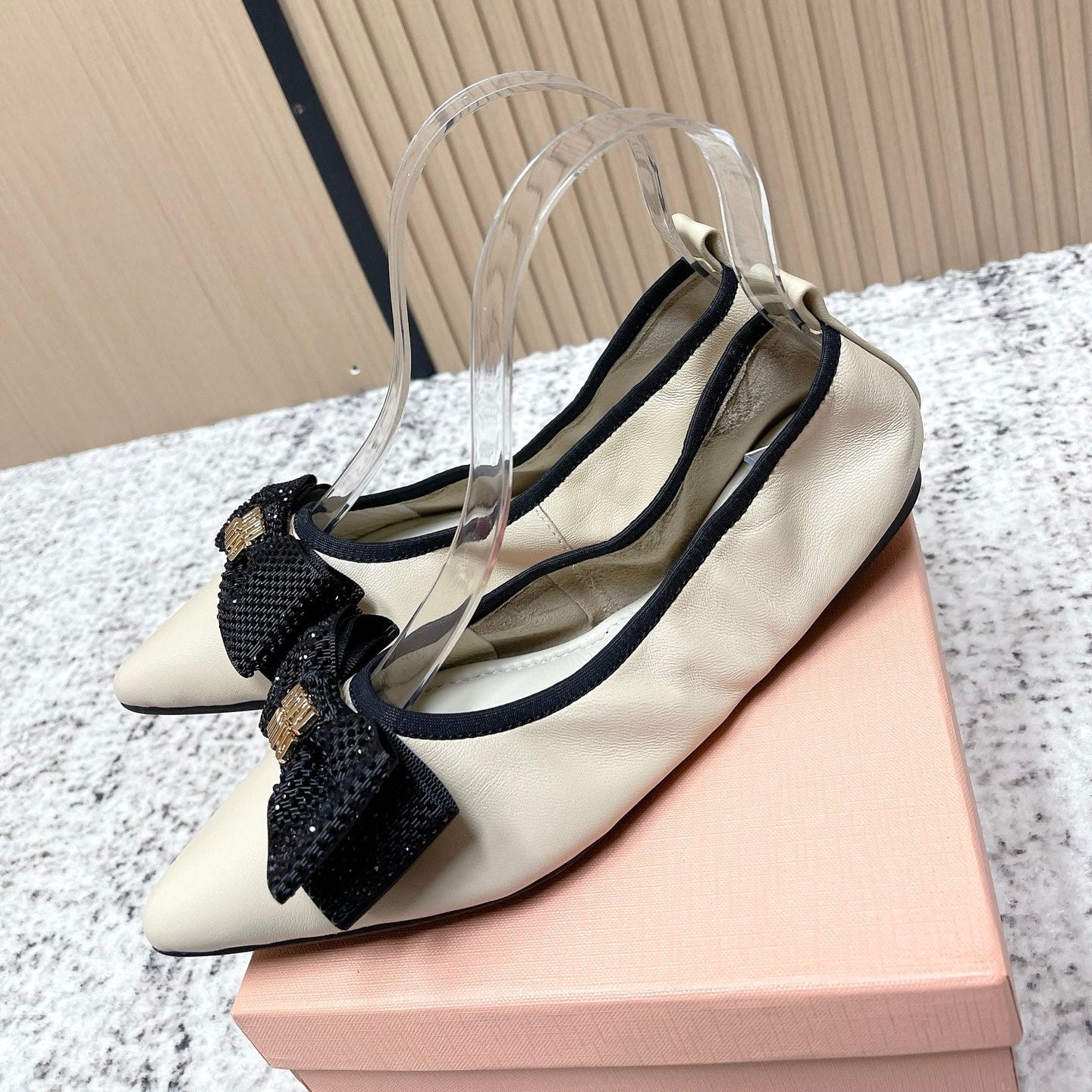 Miu Pointed-Toe Ballet Flats Ivory Sheepskin 591568