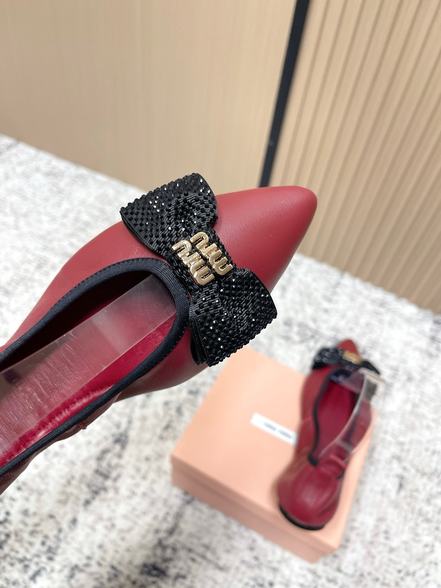 Miu Pointed-Toe Ballet Flats Dark Red Sheepskin 591570