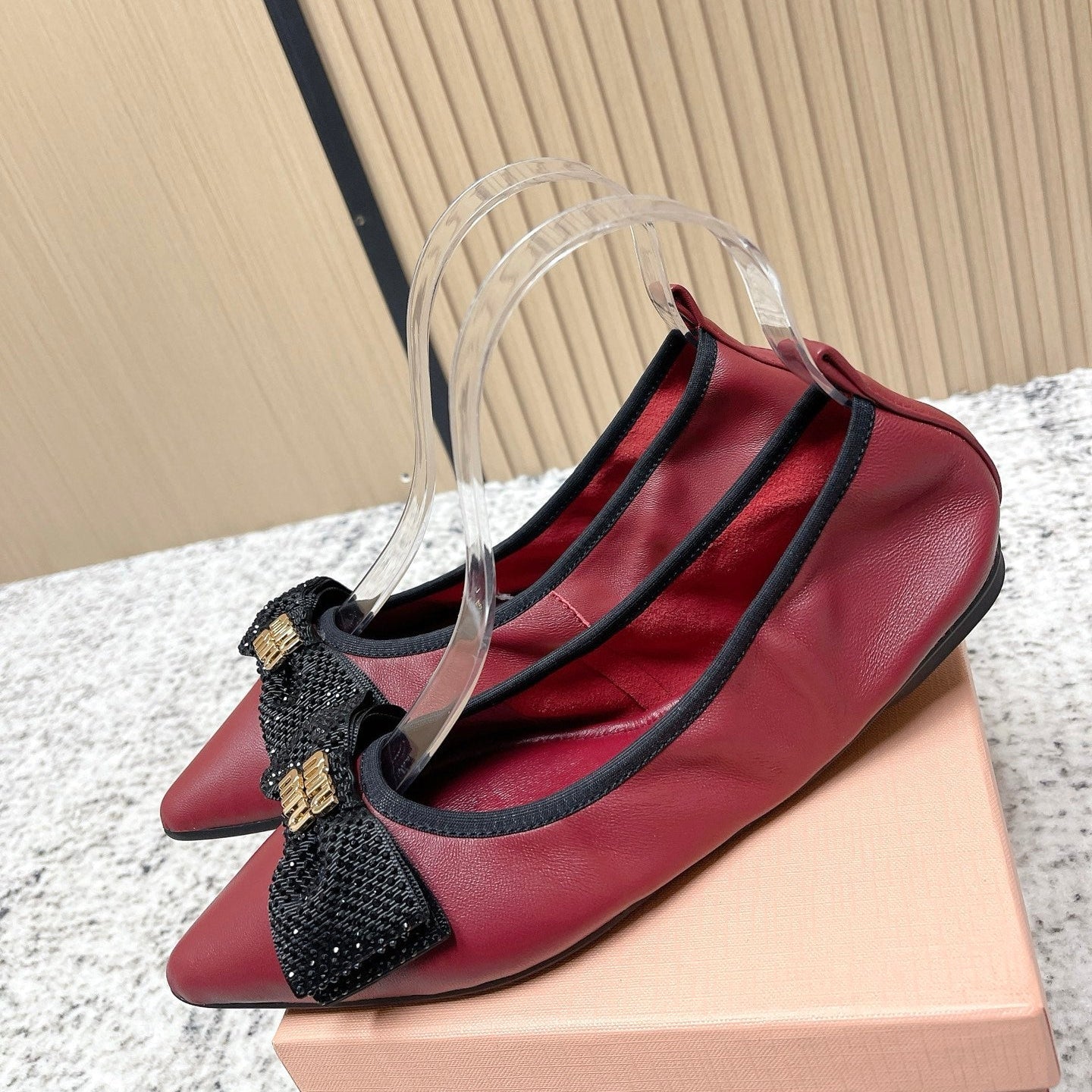 Miu Pointed-Toe Ballet Flats Dark Red Sheepskin 591570