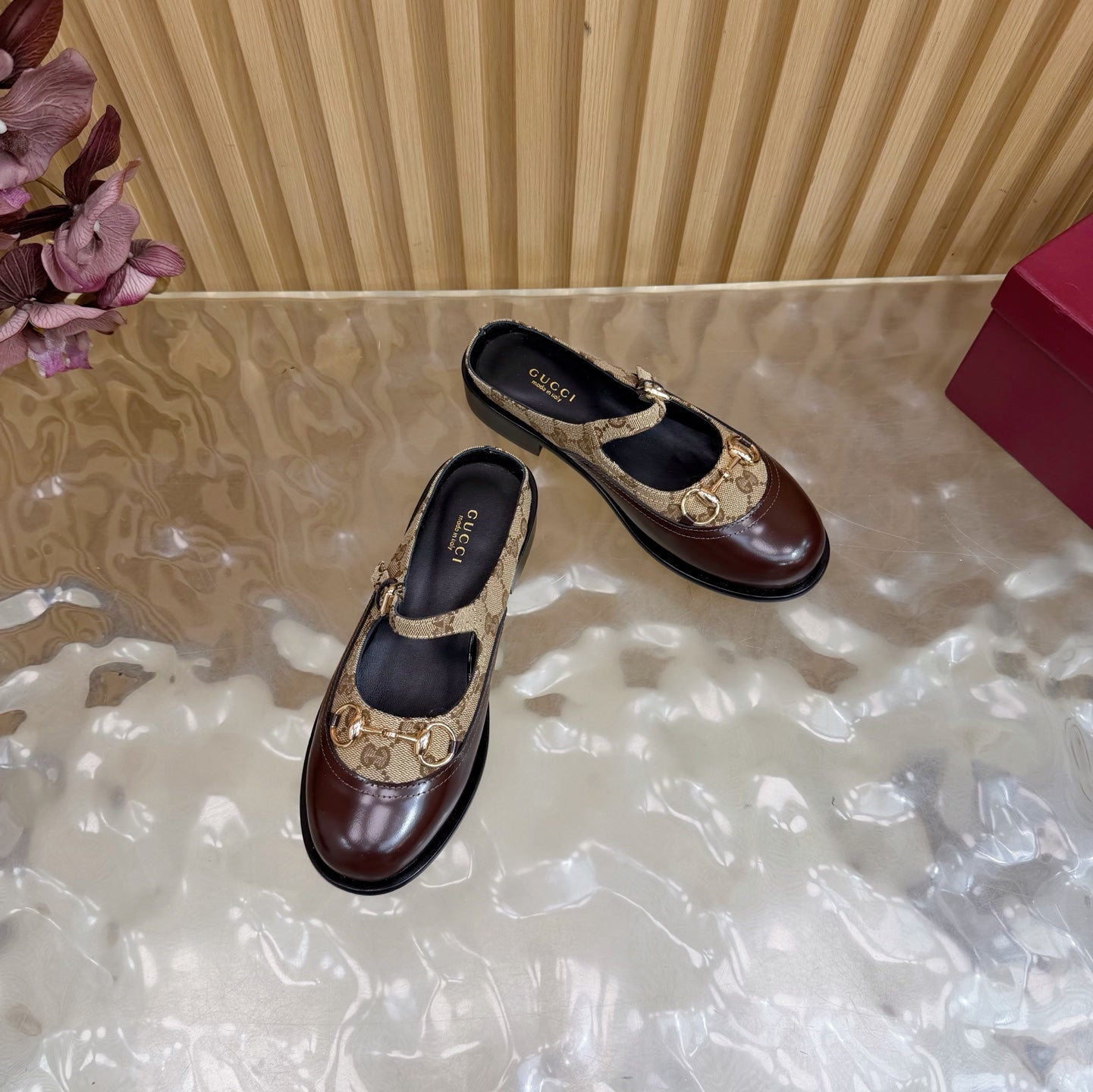 GG 26 Mule Brown Beige Beaded Leather Double G Fabric 589456