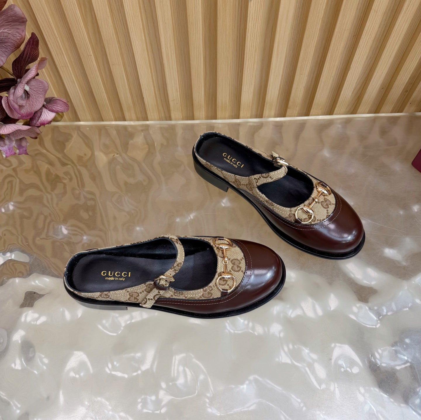 GG 26 Mule Brown Beige Beaded Leather Double G Fabric 589456