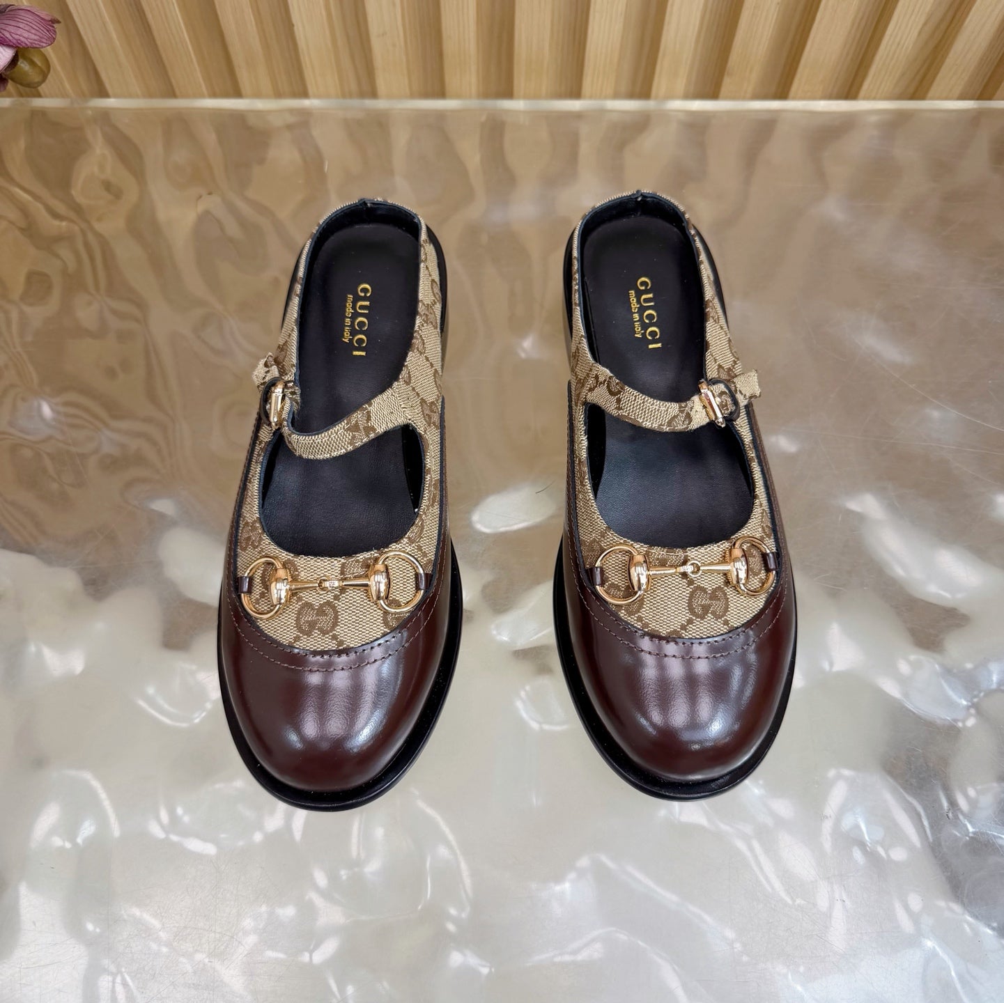 GG 26 Mule Brown Beige Beaded Leather Double G Fabric 589456