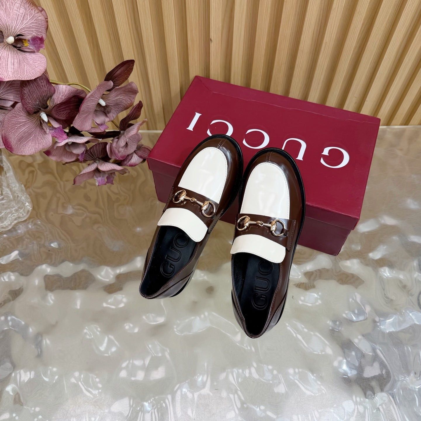 GG 26 Horsebit Loafers Brown White Sheepskin 589465