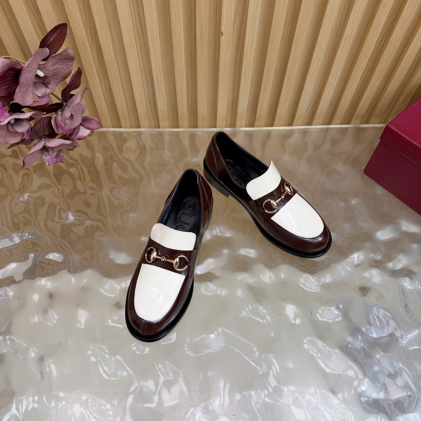 GG 26 Horsebit Loafers Brown White Sheepskin 589465