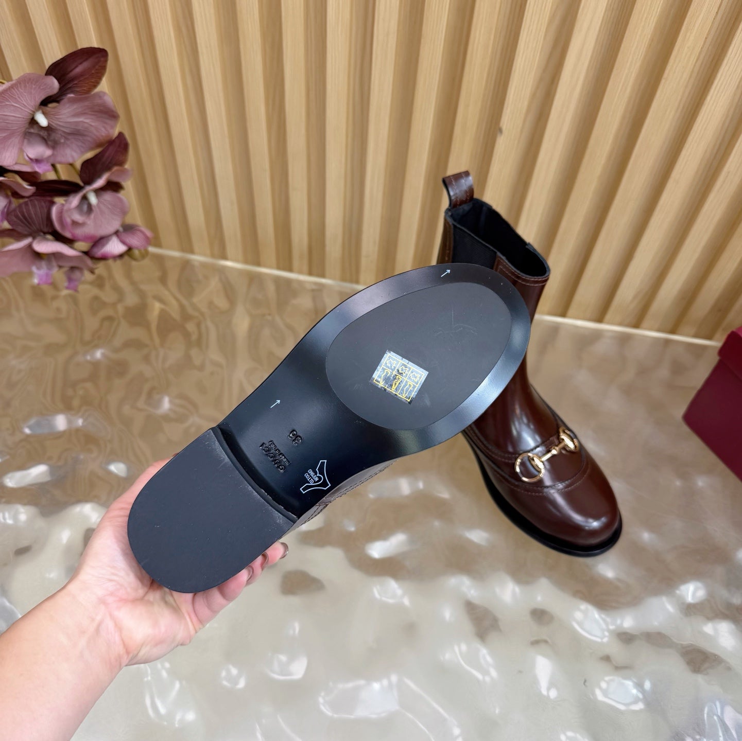 GG 26 Horsebit Martens Boots Glossy Brown Sheepskin 589467