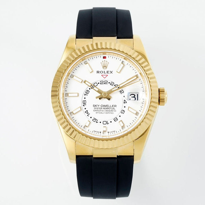 Rolex Sky-Dweller 42mm Gold Case White Dial Rubber Strap