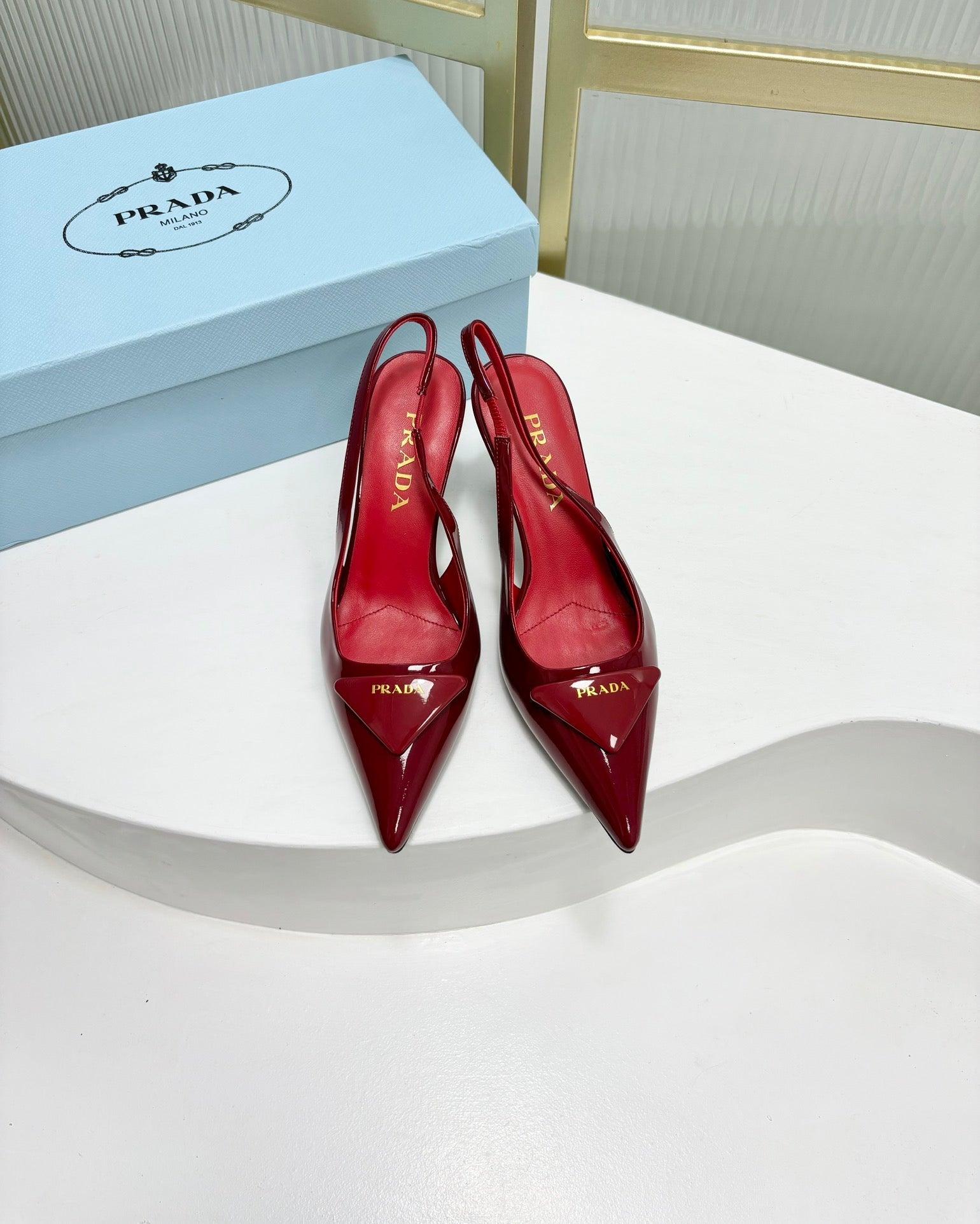 Prada 2026 High-Heeled Open-Back Sandal Red Cowhide Patent Leather 756123