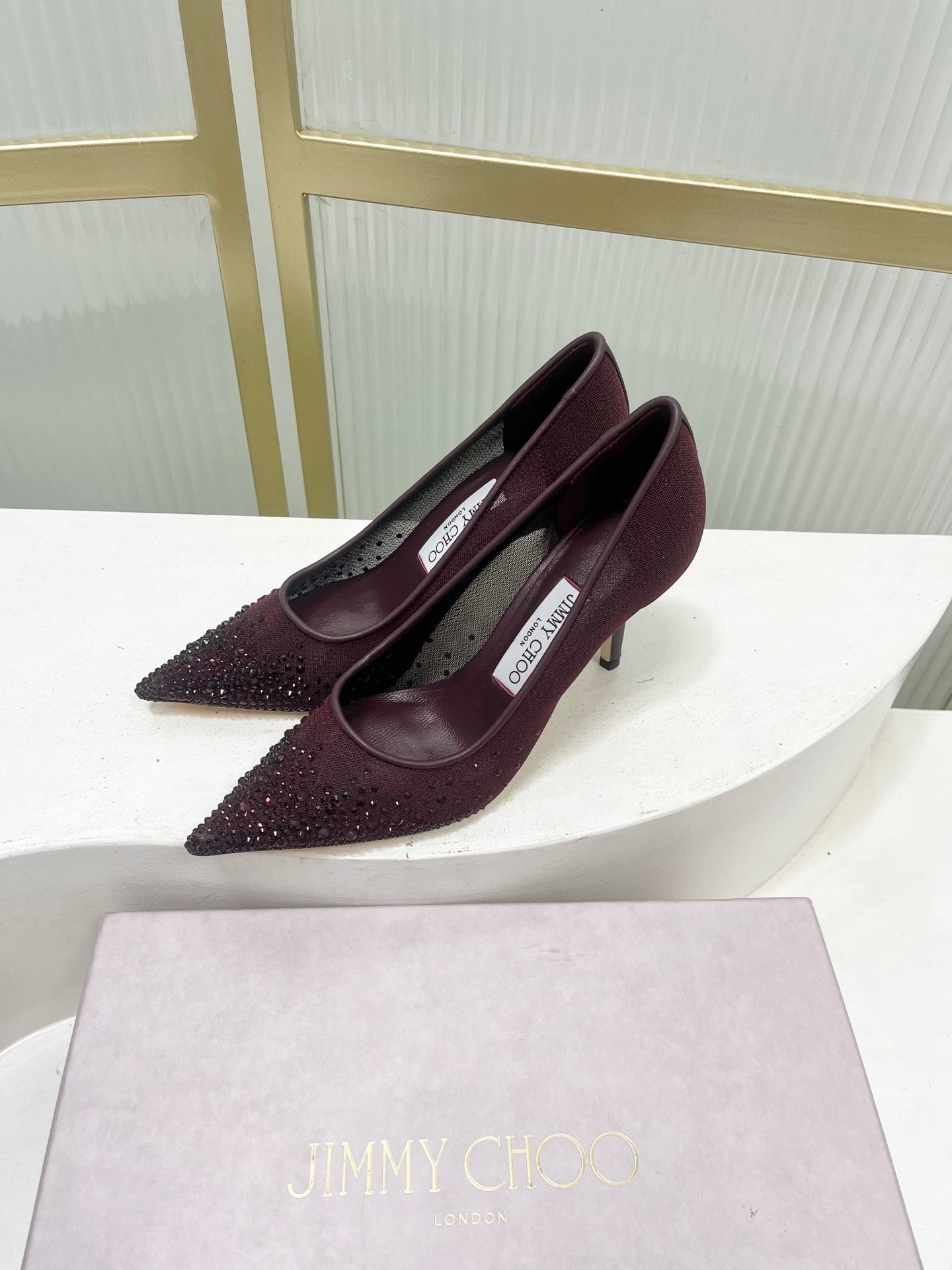 Jimmy 26s High Heels 85 Burgundy Rhinestones Mesh Sheepskin 605982