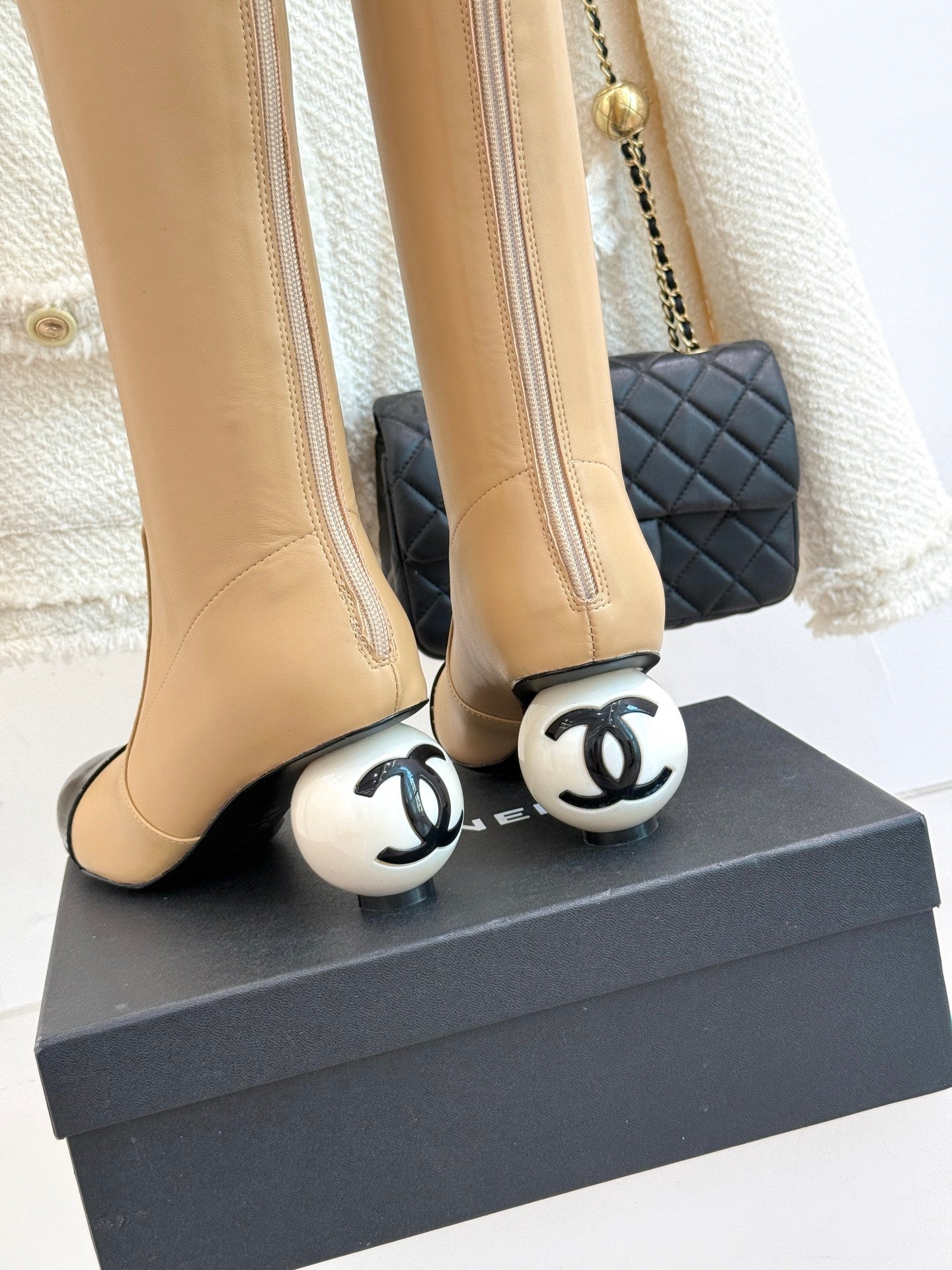 Chanel 25 Double C Giant Pearl Heel Long Boot Beige Black