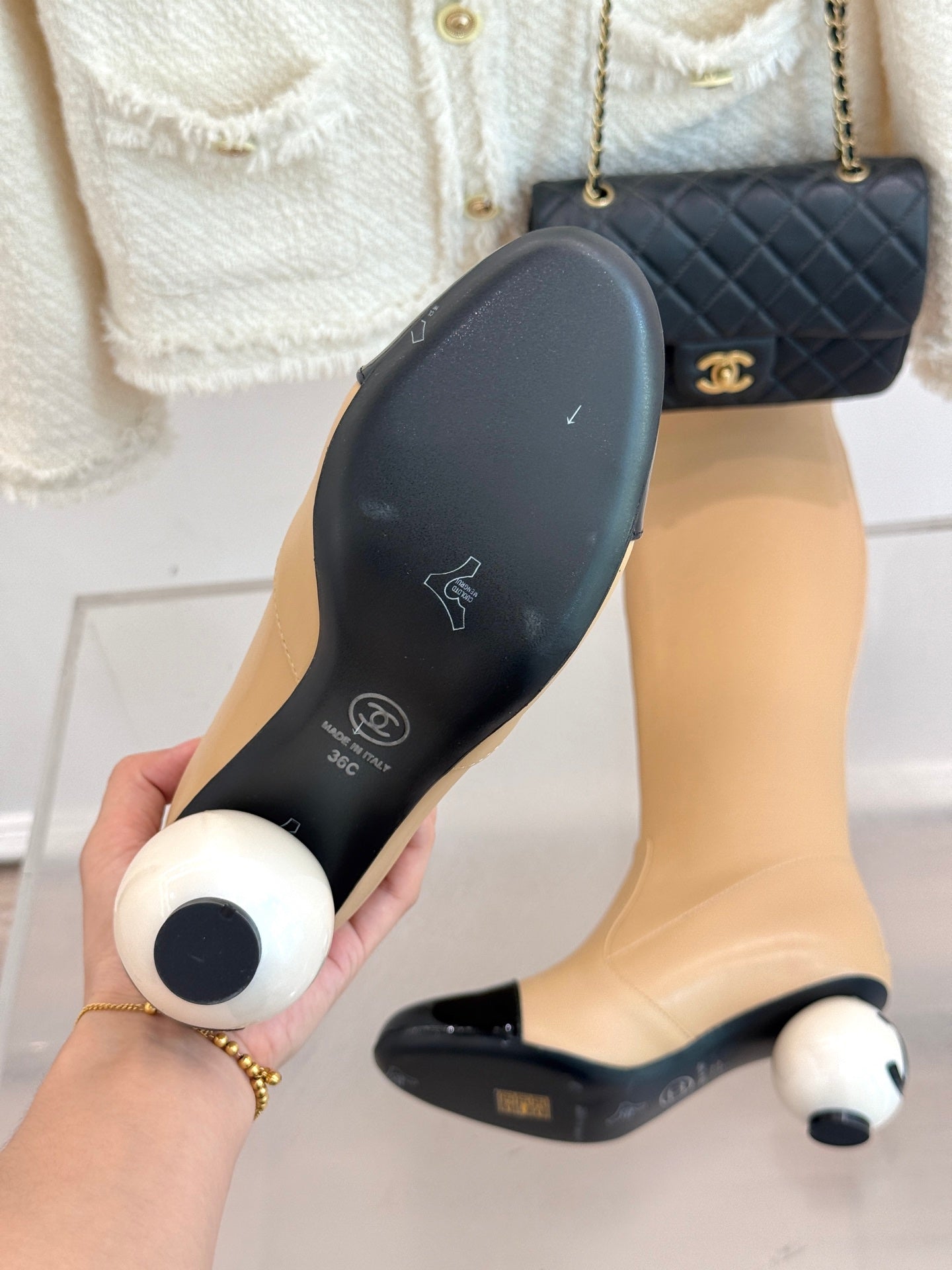 Chanel 25 Double C Giant Pearl Heel Long Boot Beige Black