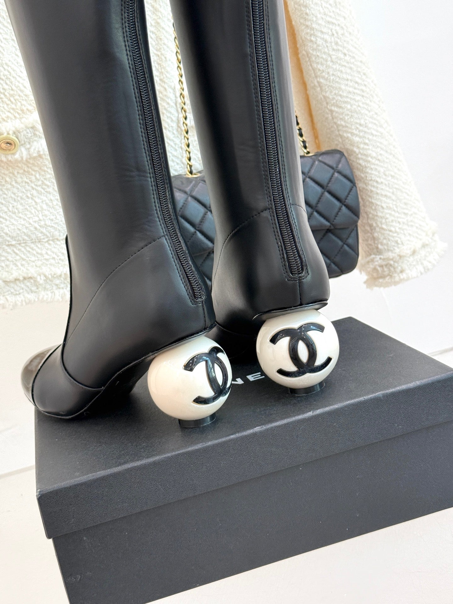 Chanel 25 Double C Giant Pearl Heel Long Boot Black White  Sheepskin 465413