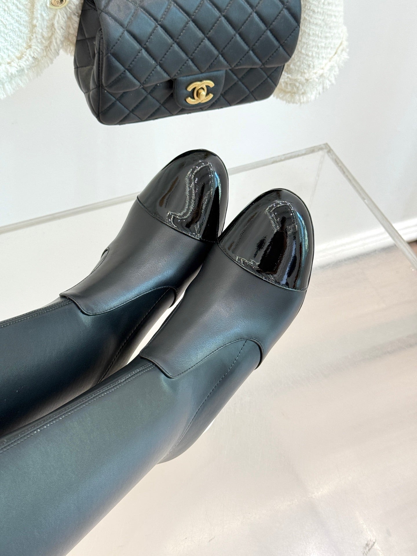 Chanel 25 Double C Giant Pearl Heel Long Boot Black White  Sheepskin 465413