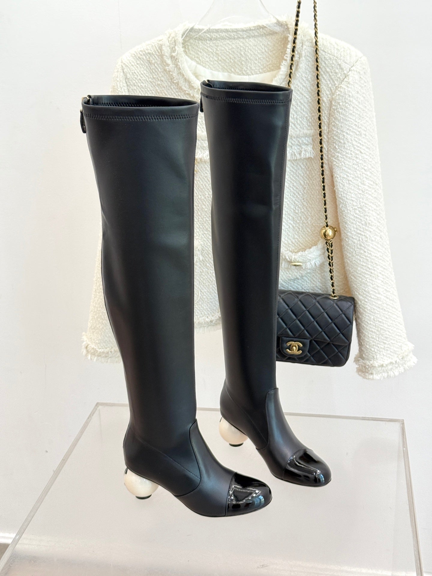 Chanel 25 Double C Giant Pearl Heel Long Boot Black White  Sheepskin 465413
