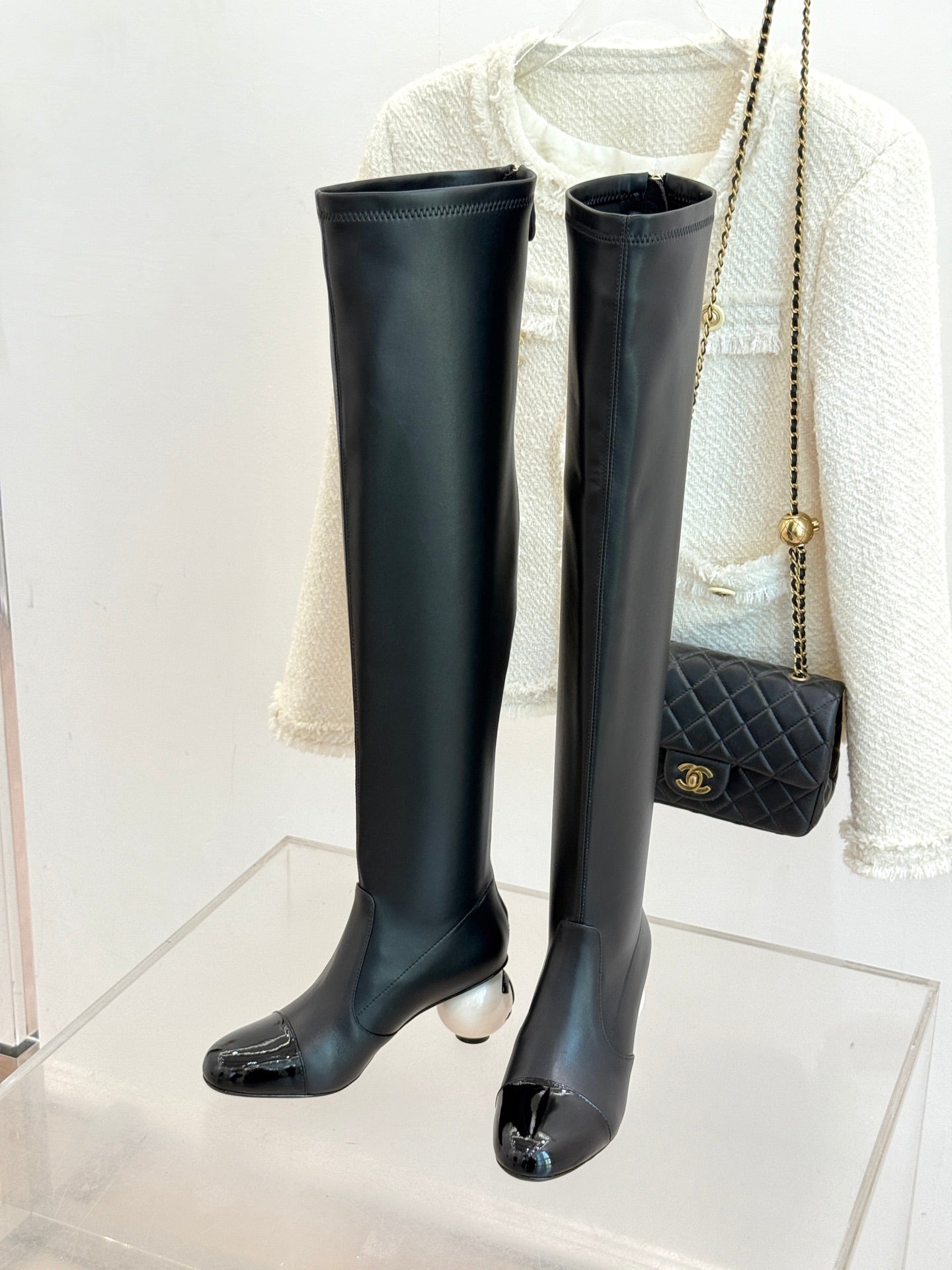 Chanel 25 Double C Giant Pearl Heel Long Boot Black White  Sheepskin 465413