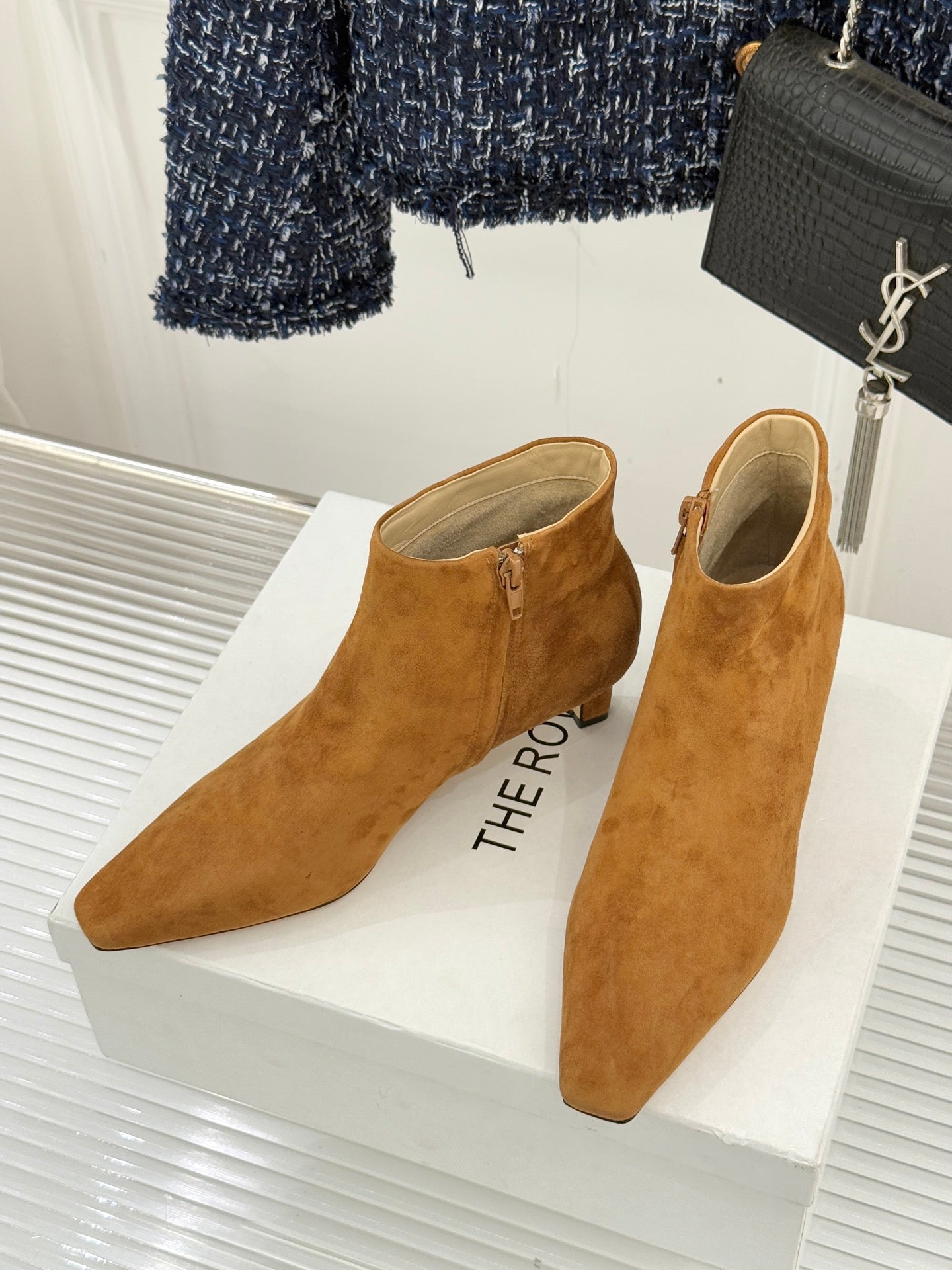 The Row 2025 Square Toe Kitten Heel Ankle Boot Camel Suede 572050