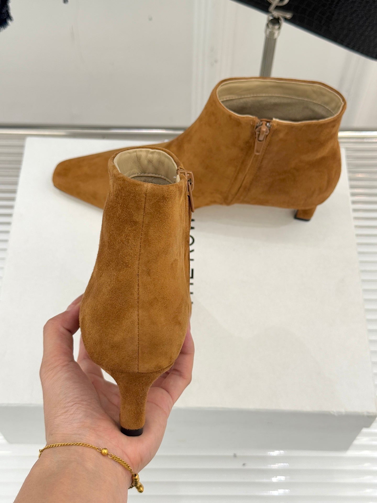 The Row 2025 Square Toe Kitten Heel Ankle Boot Camel Suede 572050