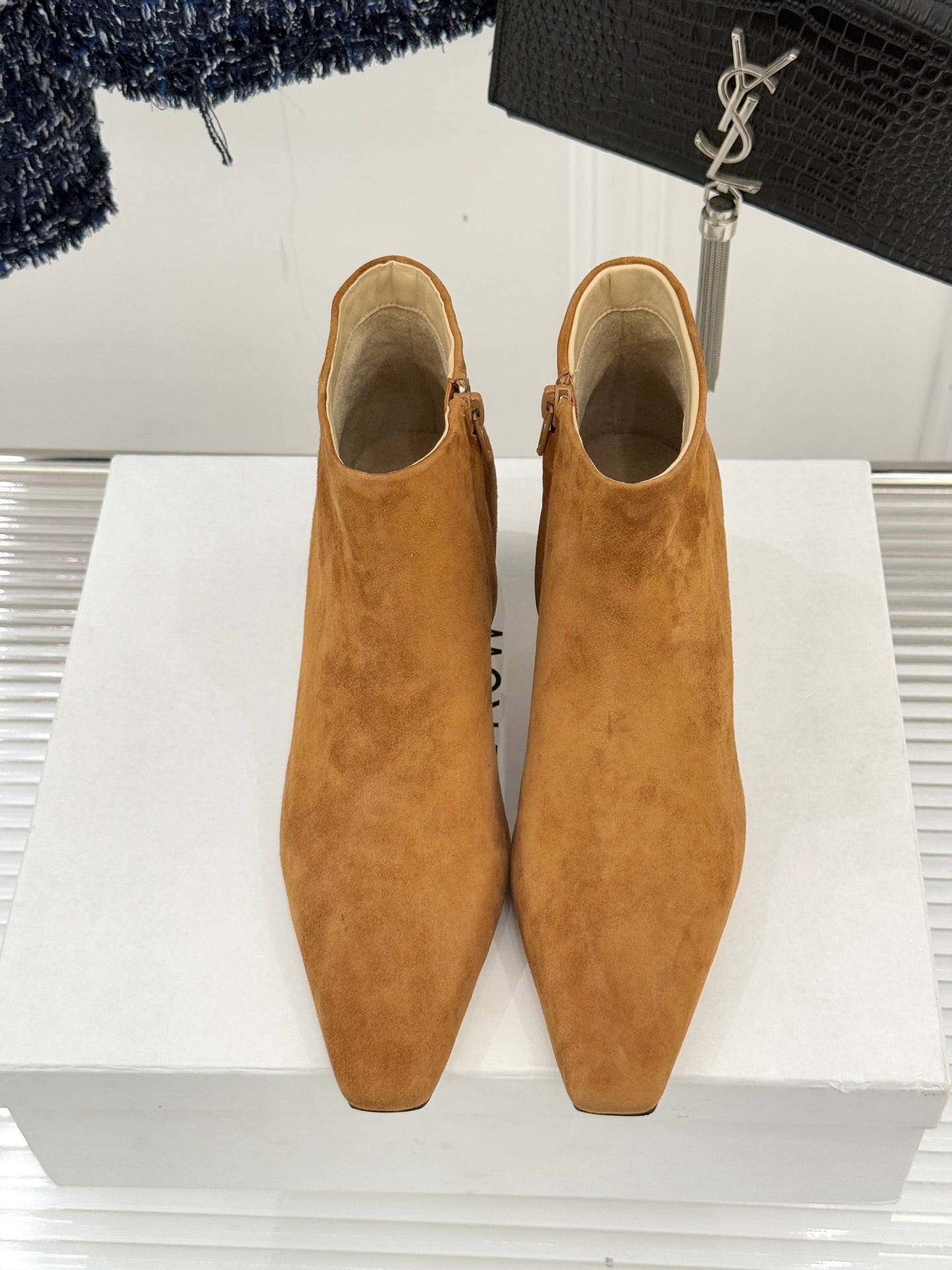 The Row 2025 Square Toe Kitten Heel Ankle Boot Camel Suede 572050