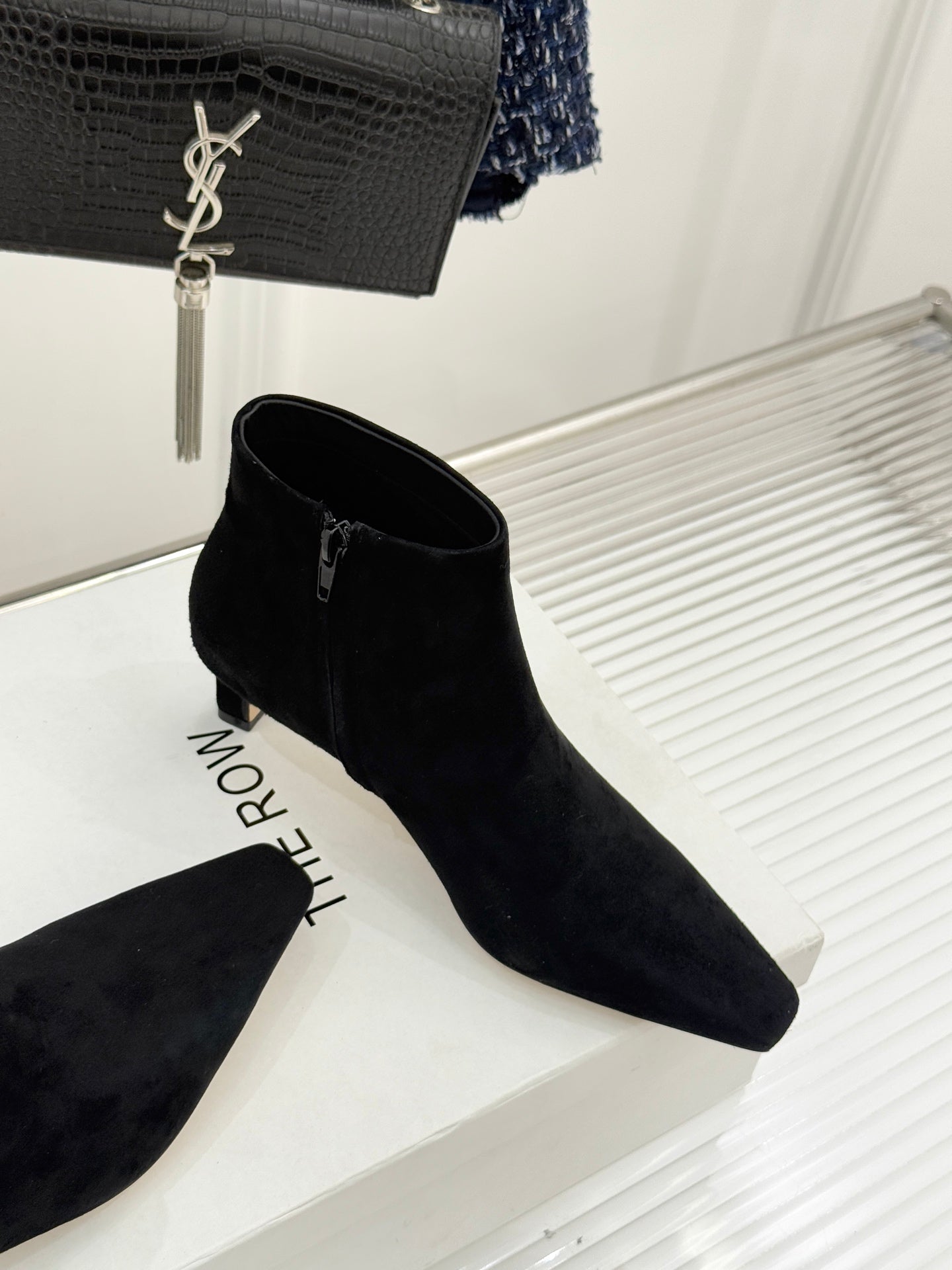 The Row 2025 Square Toe Kitten Heel Ankle Boot Black Suede 572051