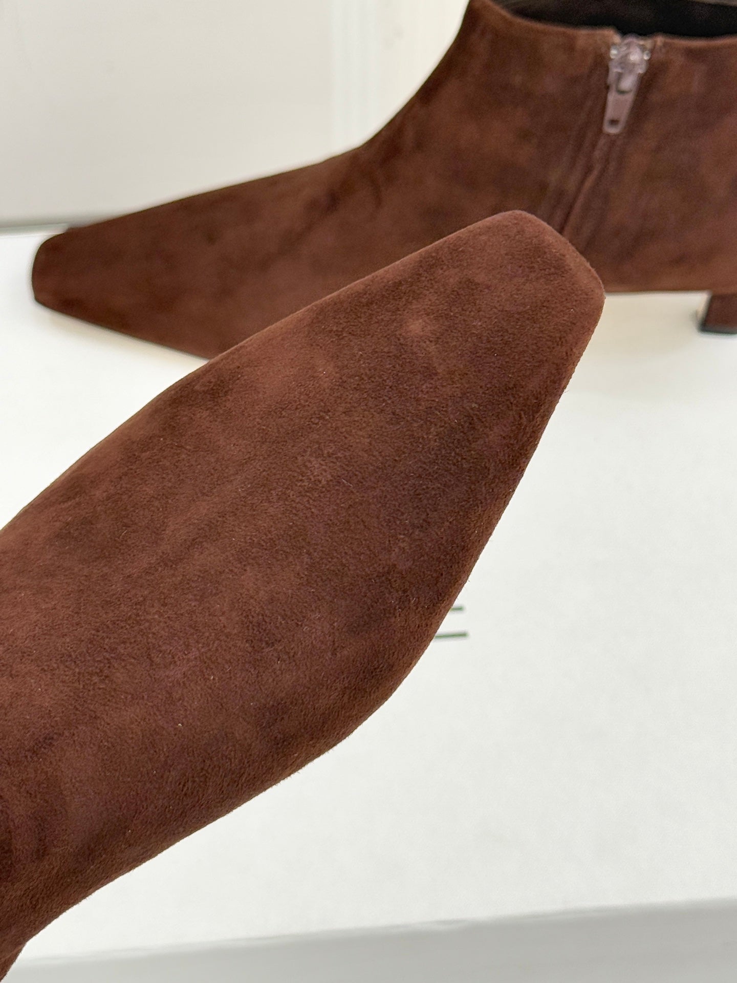 The Row 2025 Square Toe Kitten Heel Ankle Boot Brown Suede 572052