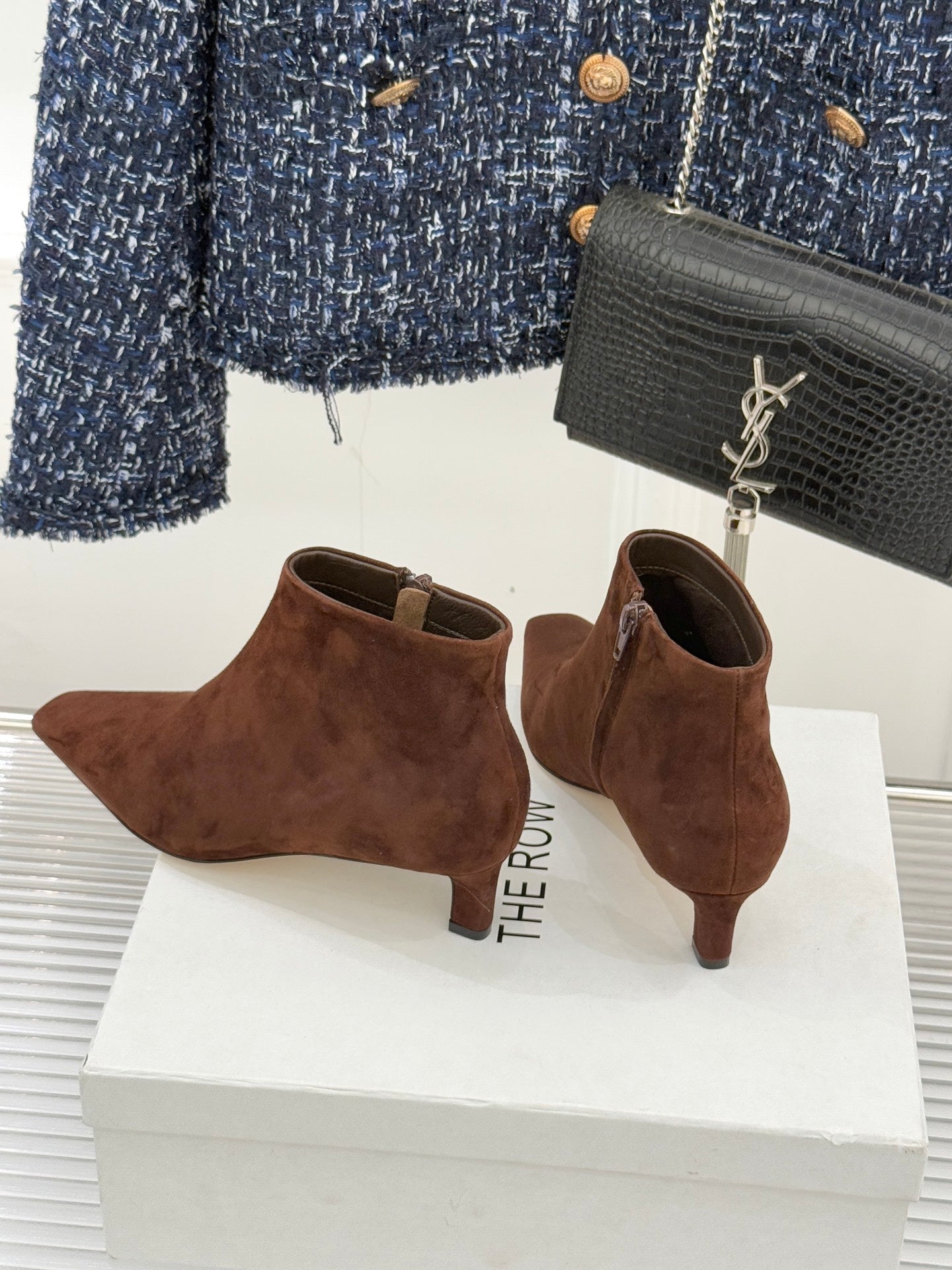 The Row 2025 Square Toe Kitten Heel Ankle Boot Brown Suede 572052