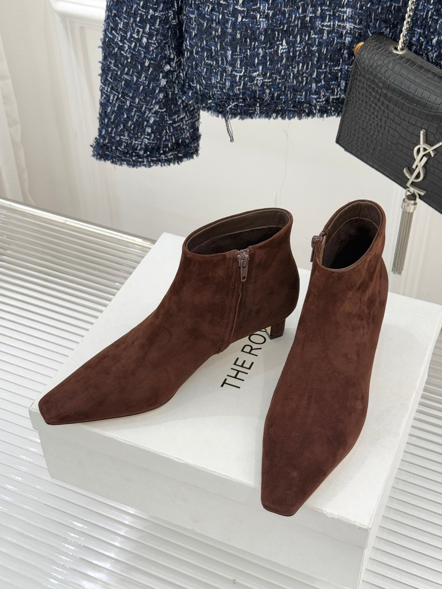 The Row 2025 Square Toe Kitten Heel Ankle Boot Brown Suede 572052