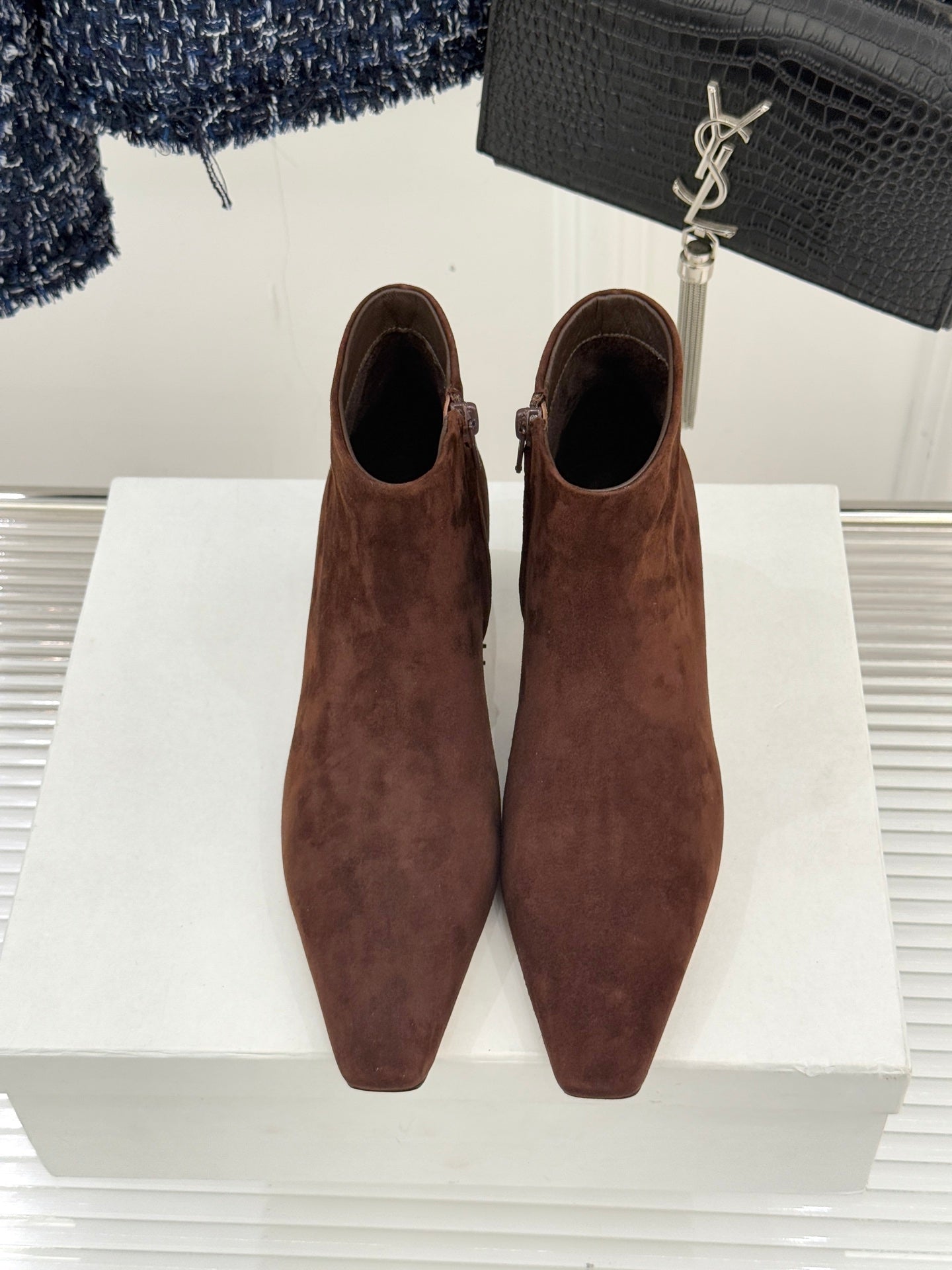 The Row 2025 Square Toe Kitten Heel Ankle Boot Brown Suede 572052