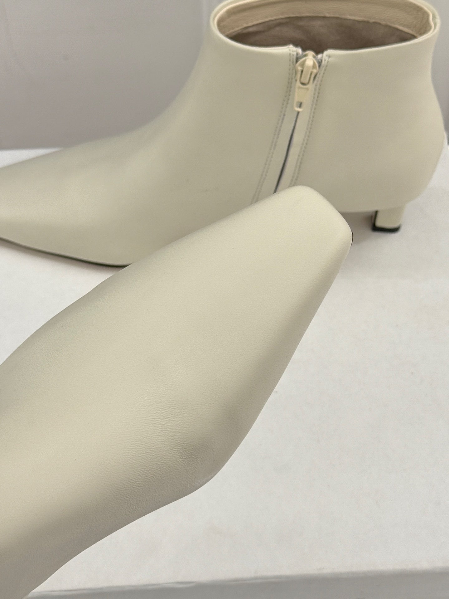 The Row 2025  Square Toe Kitten Heel Ankle Boot White Sheepskin 572053