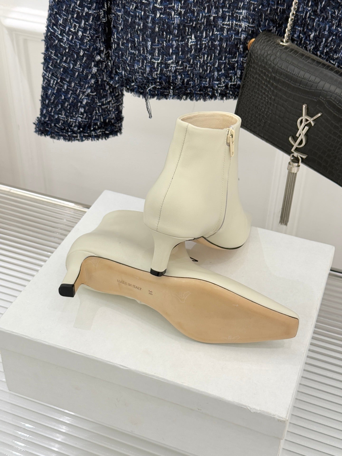 The Row 2025  Square Toe Kitten Heel Ankle Boot White Sheepskin 572053