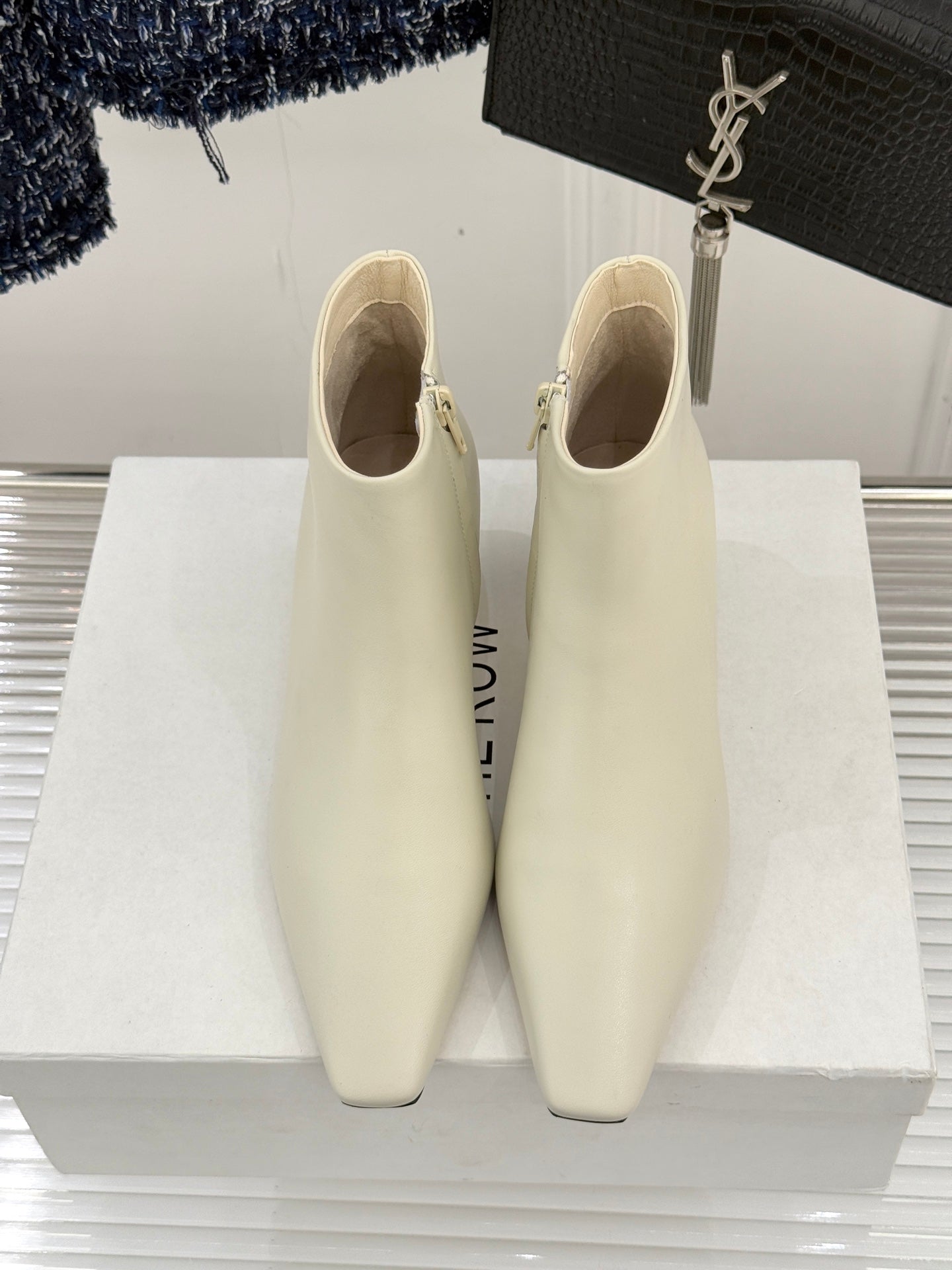 The Row 2025  Square Toe Kitten Heel Ankle Boot White Sheepskin 572053