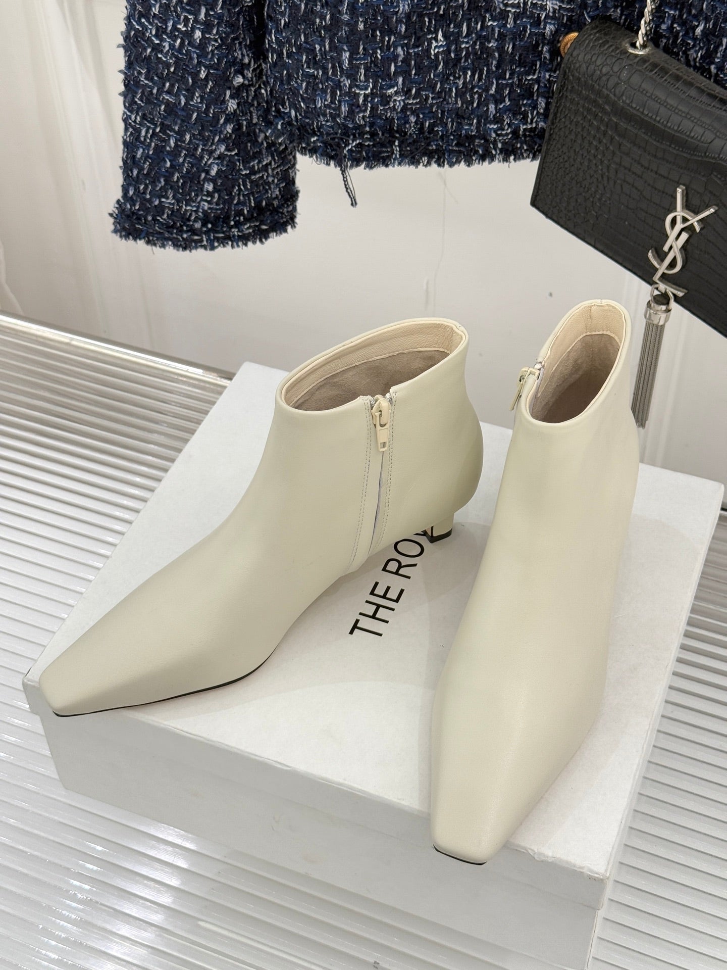 The Row 2025  Square Toe Kitten Heel Ankle Boot White Sheepskin 572053