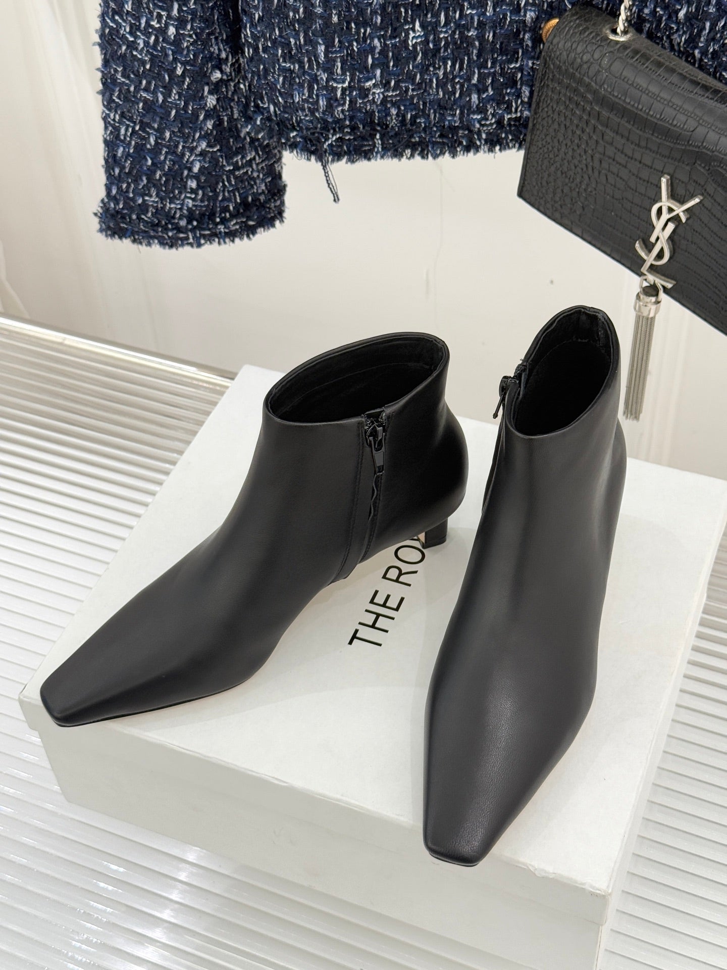 The Row 2025  Square Toe Kitten Heel Ankle Boot Black Sheepskin 572054