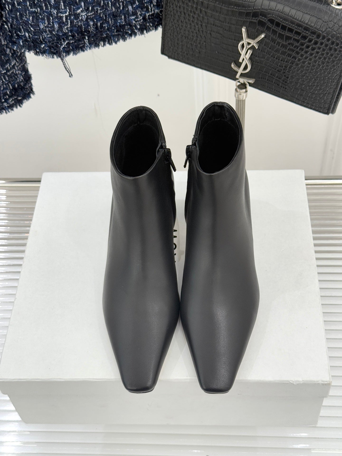 The Row 2025  Square Toe Kitten Heel Ankle Boot Black Sheepskin 572054