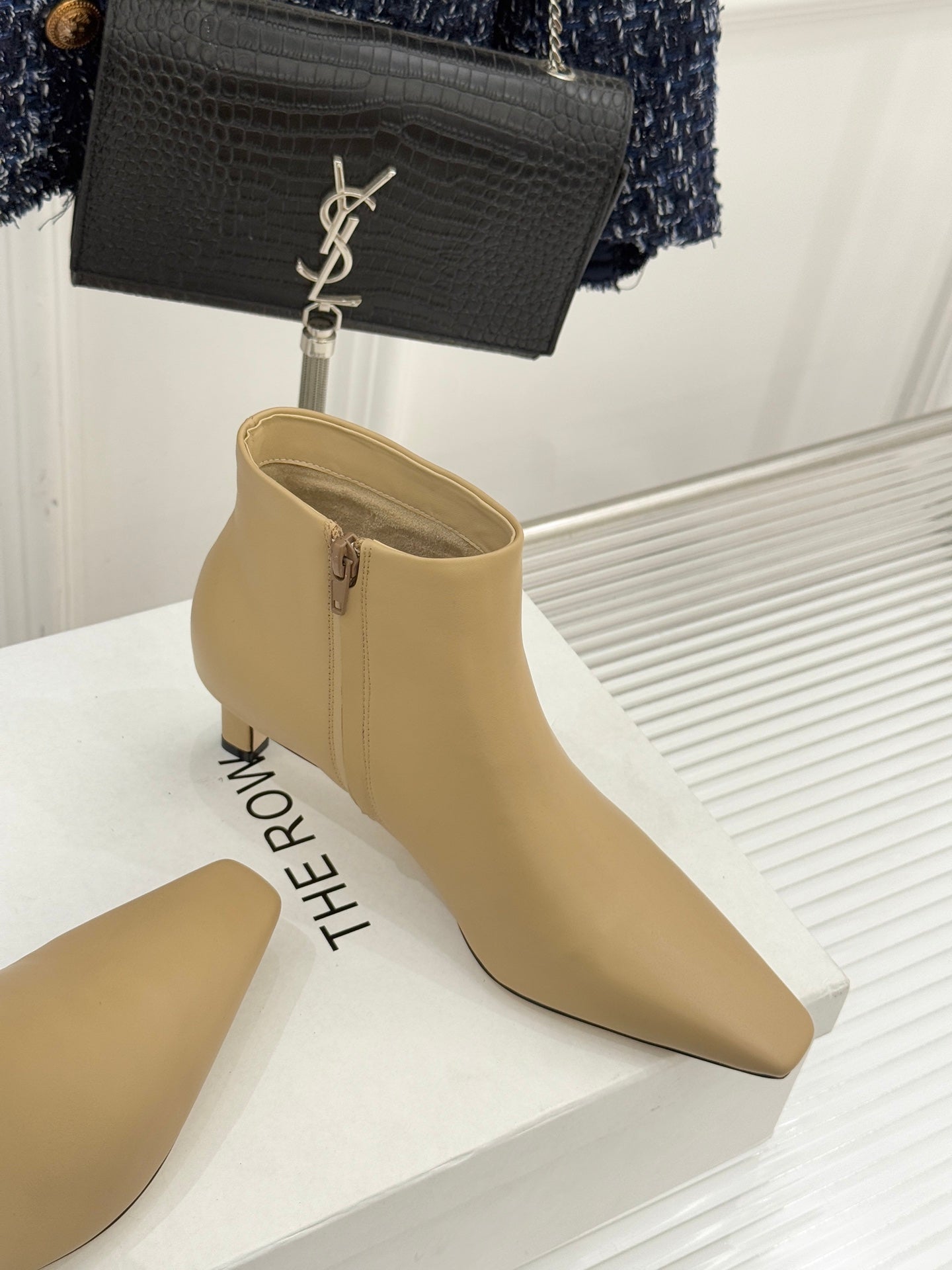 The Row 2025  Square Toe Kitten Heel Ankle Boot Beige Sheepskin 572047