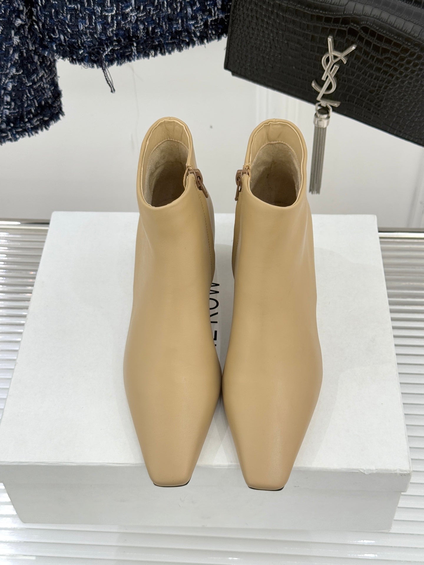 The Row 2025  Square Toe Kitten Heel Ankle Boot Beige Sheepskin 572047