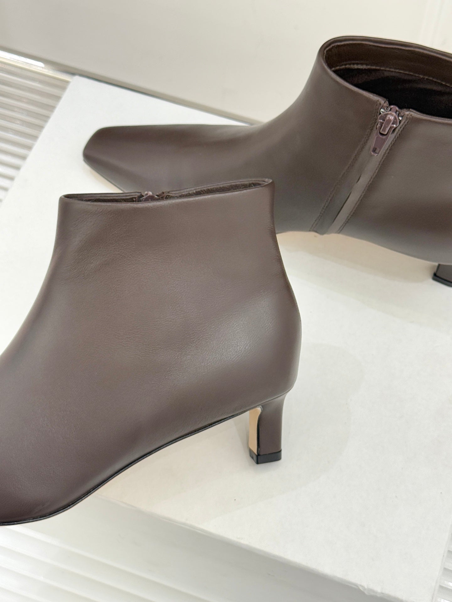 The Row 2025  Square Toe Kitten Heel Ankle Boot Dark Brown Sheepskin 572048