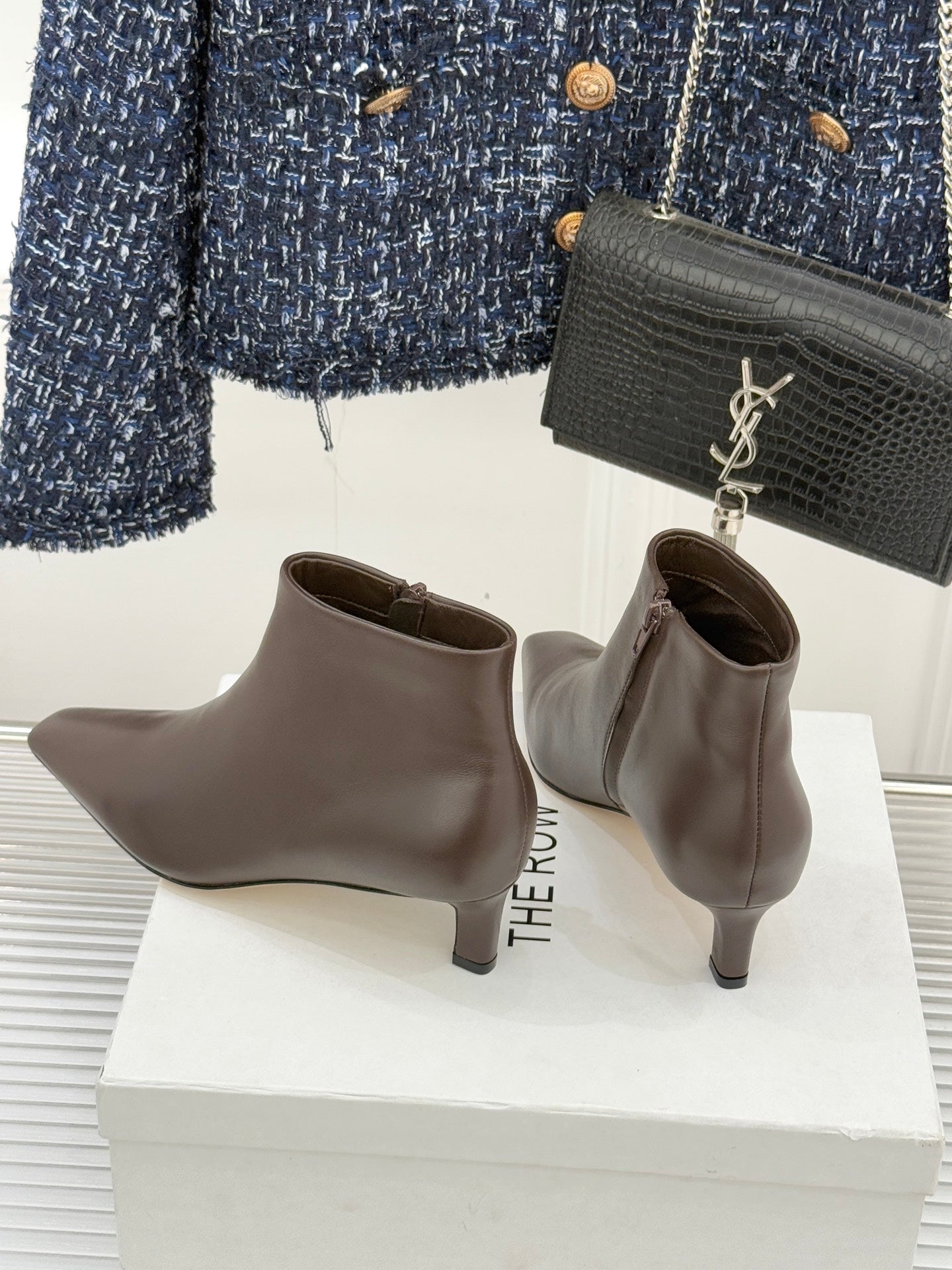 The Row 2025  Square Toe Kitten Heel Ankle Boot Dark Brown Sheepskin 572048