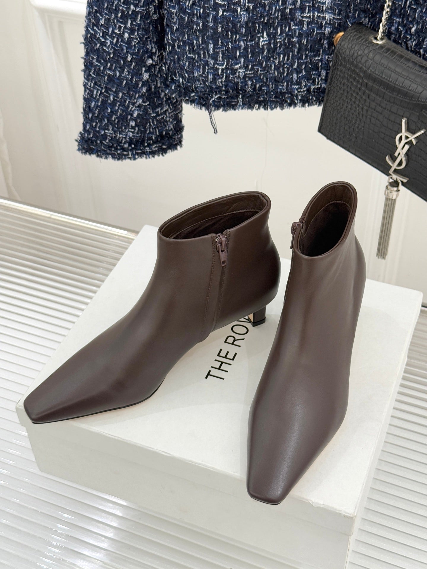 The Row 2025  Square Toe Kitten Heel Ankle Boot Dark Brown Sheepskin 572048