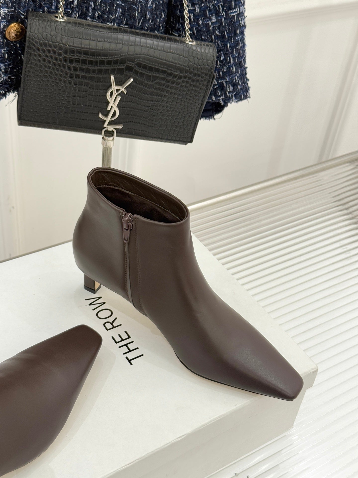 The Row 2025  Square Toe Kitten Heel Ankle Boot Dark Brown Sheepskin 572048