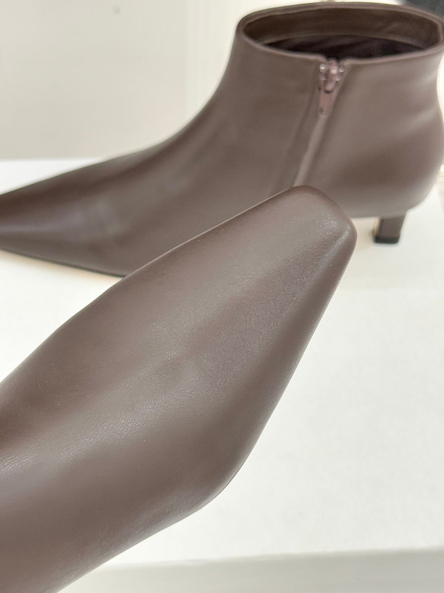 The Row 2025  Square Toe Kitten Heel Ankle Boot Dark Brown Sheepskin 572048