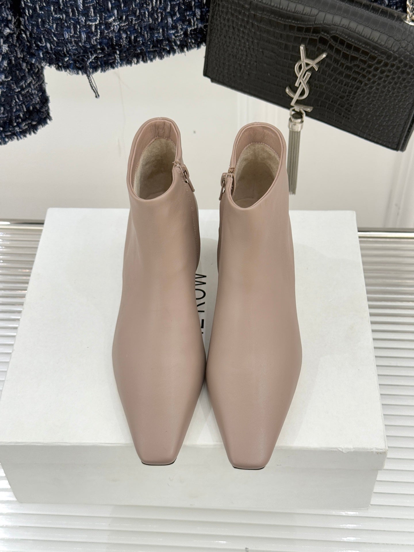 The Row 2025  Square Toe Kitten Heel Ankle Boot Nude Sheepskin 572049