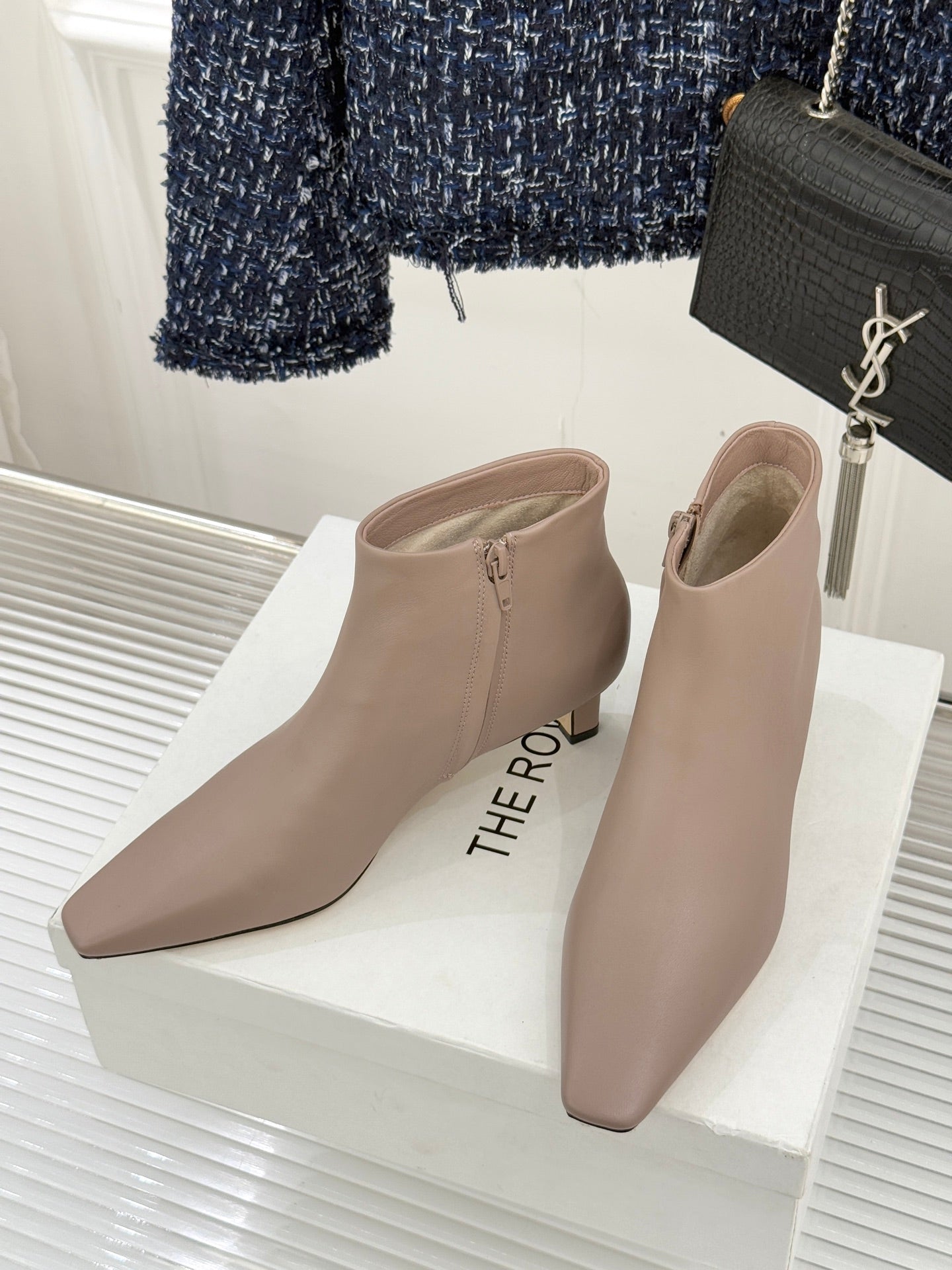 The Row 2025  Square Toe Kitten Heel Ankle Boot Nude Sheepskin 572049