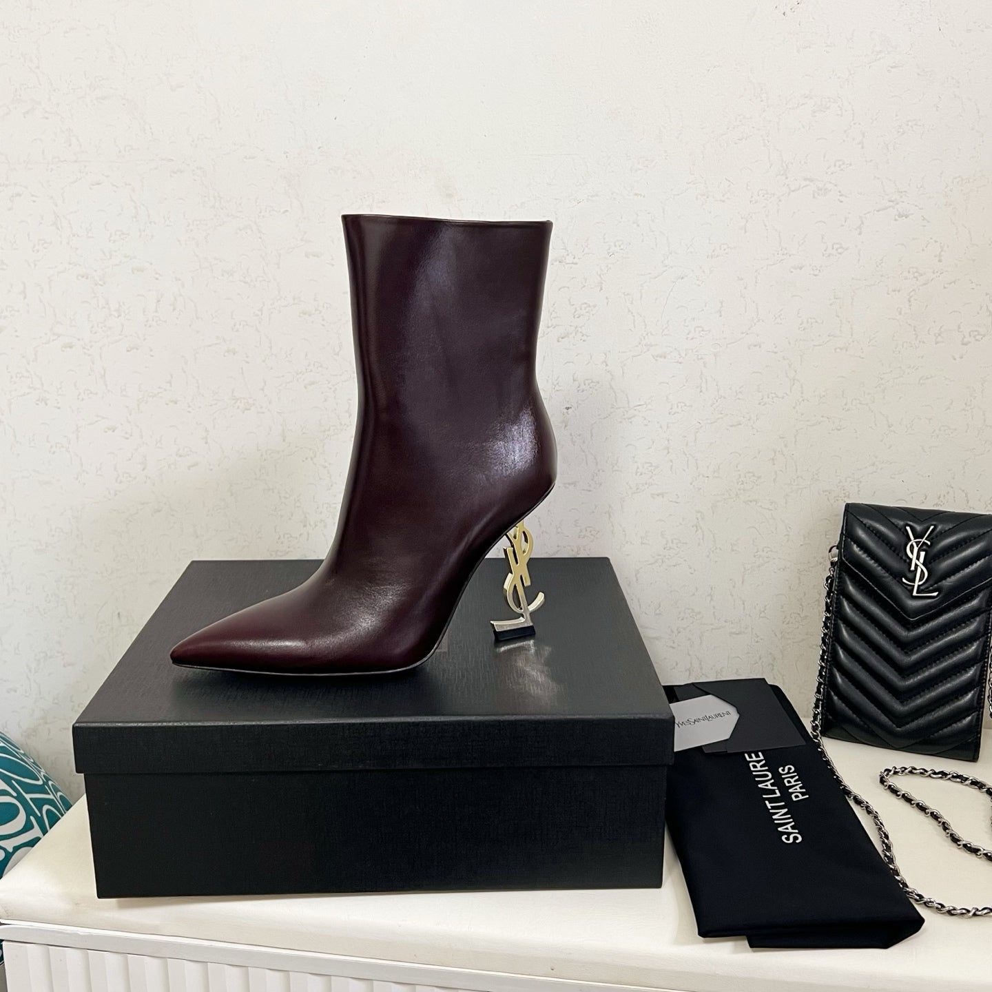YSL 2025 Logo Metal Heel Ankle Boot Dark Burgundy Cowhide 575002