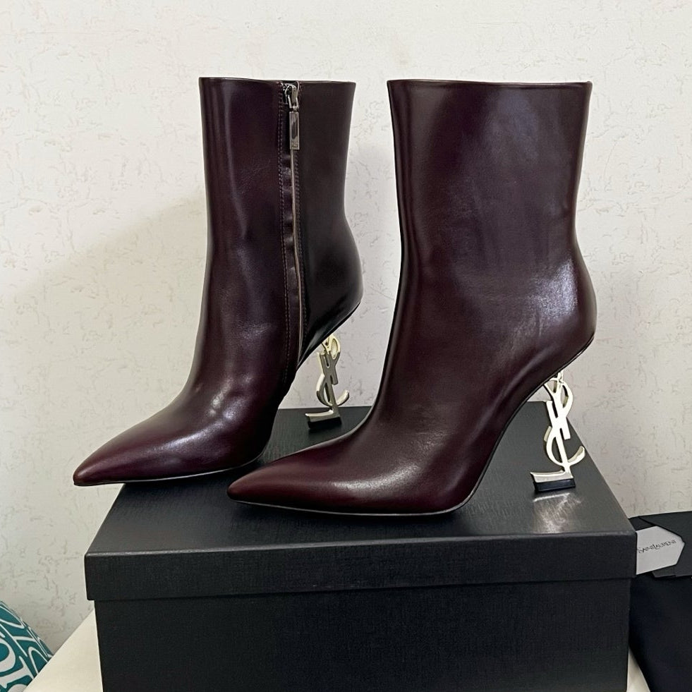 YSL 2025 Logo Metal Heel Ankle Boot Dark Burgundy Cowhide 575002